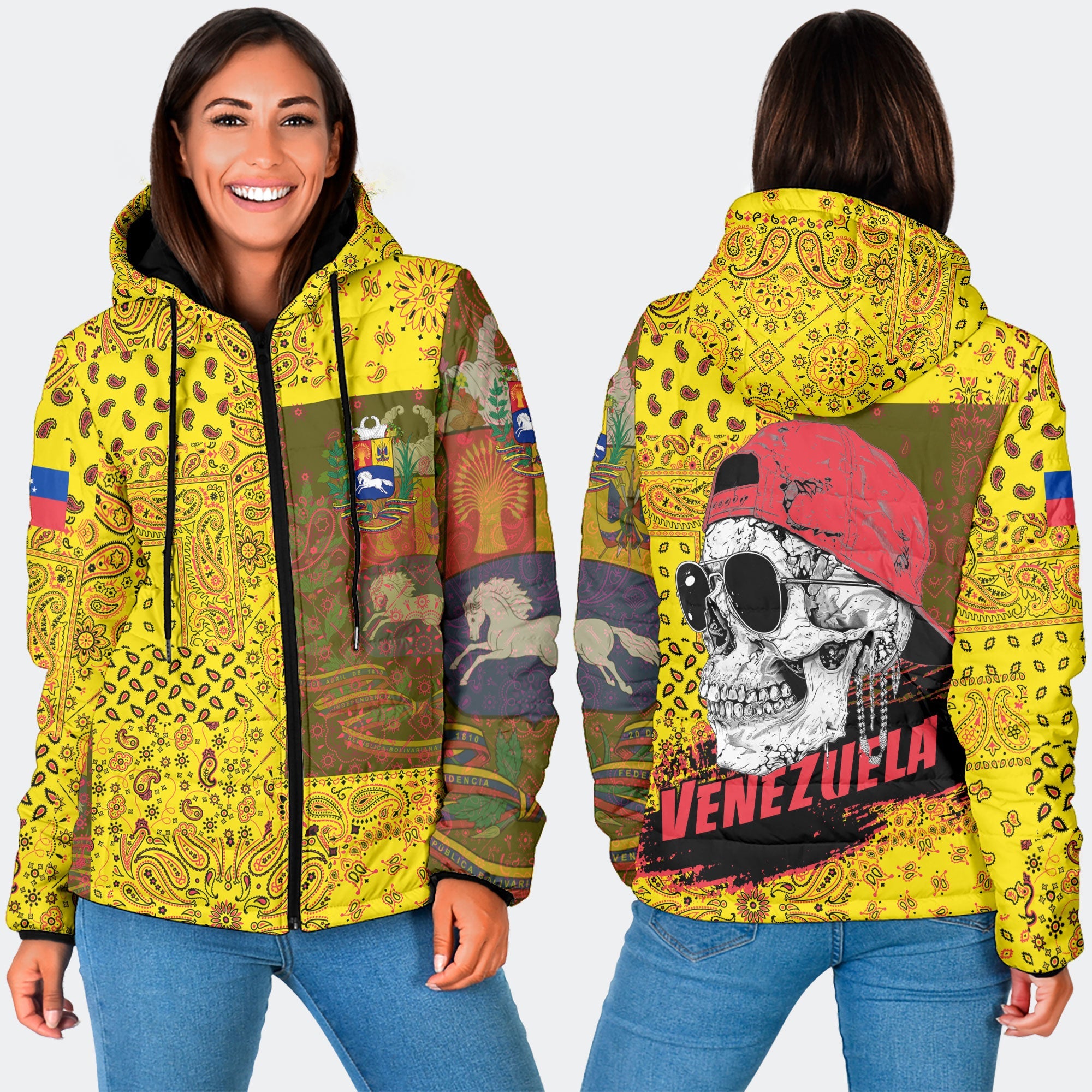 Venezuela Women Hooded Padded Jacket Paisley Flag And Skull Style 3