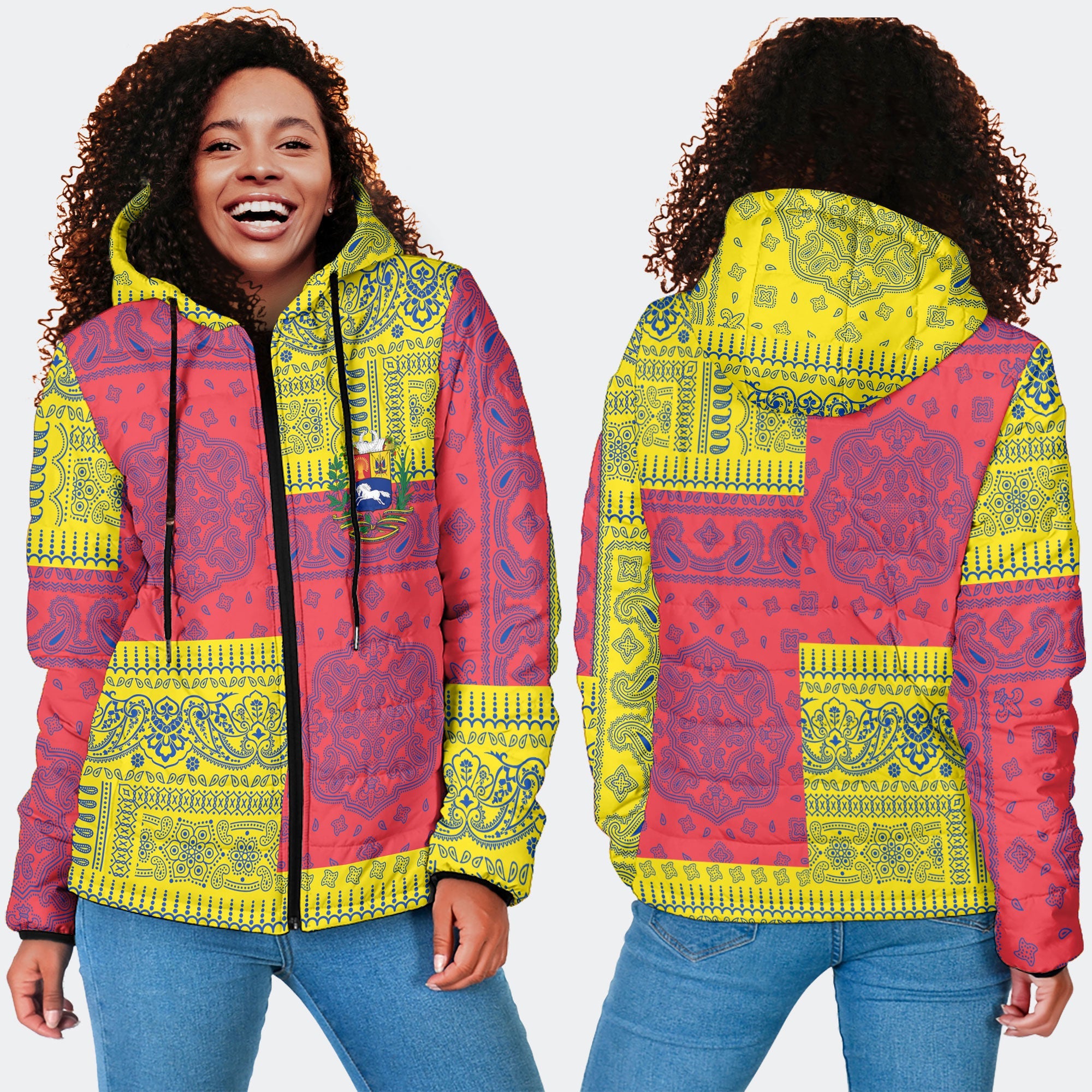 Venezuela Women Hooded Padded Jacket Flag And Paisley Basic Style 4