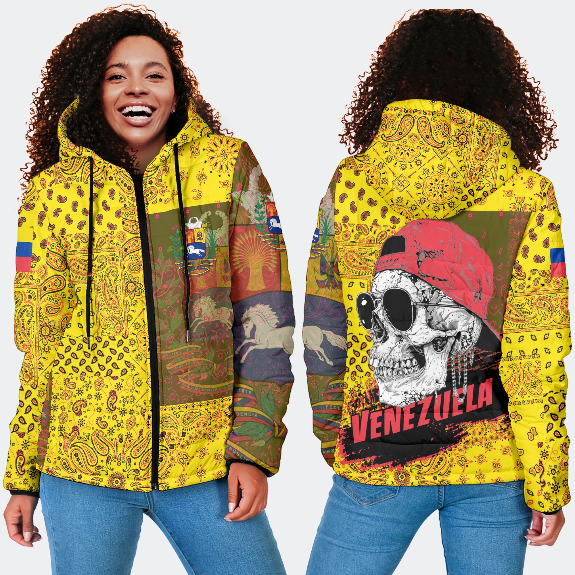 Venezuela Women Hooded Padded Jacket Paisley Flag And Skull Style 4