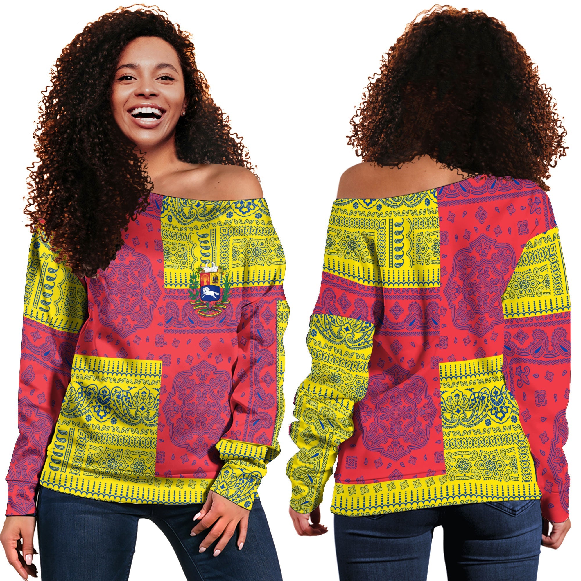 Venezuela Women Off Shoulder Sweatshirt Flag And Paisley Basic Style 1