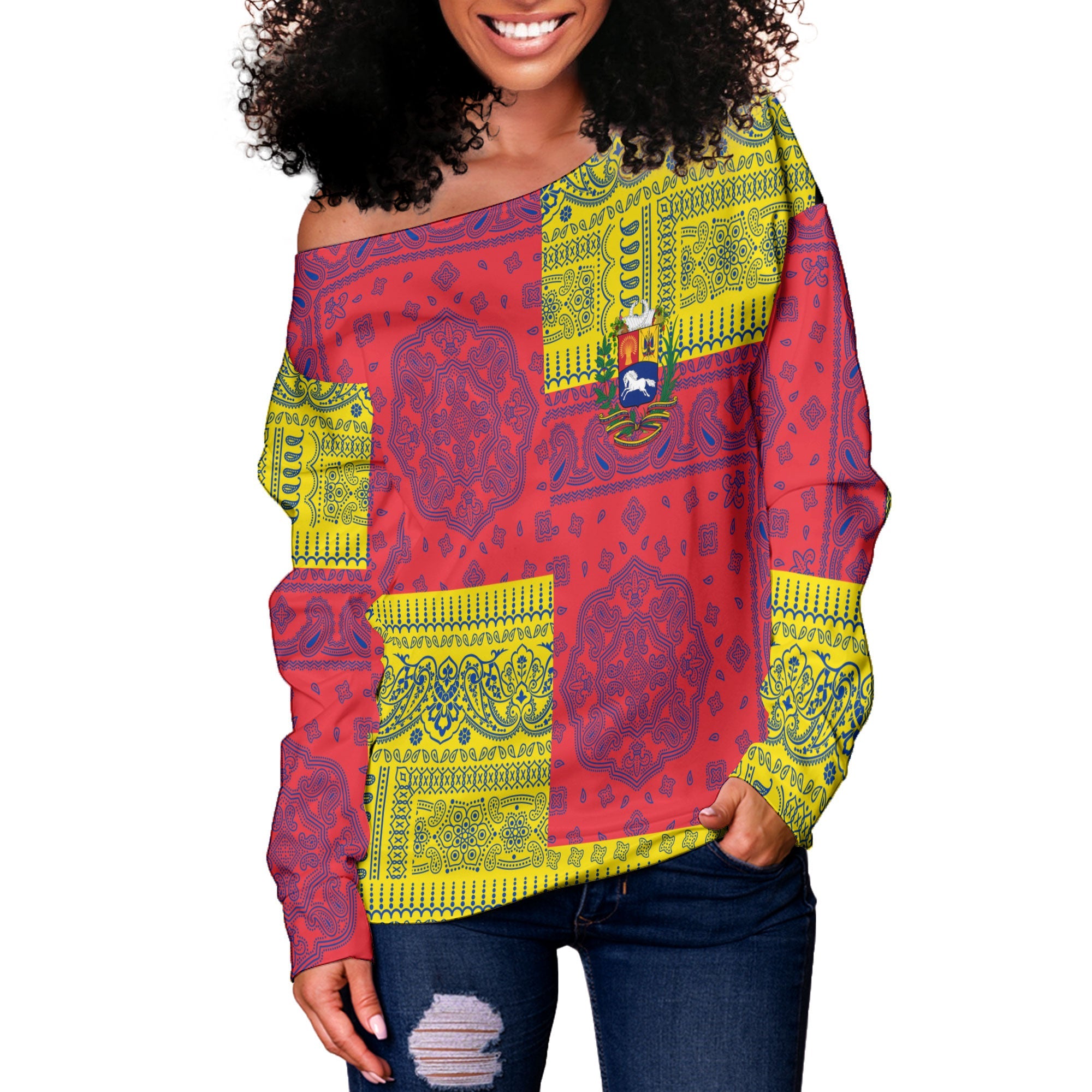 Venezuela Women Off Shoulder Sweatshirt Flag And Paisley Basic Style 2