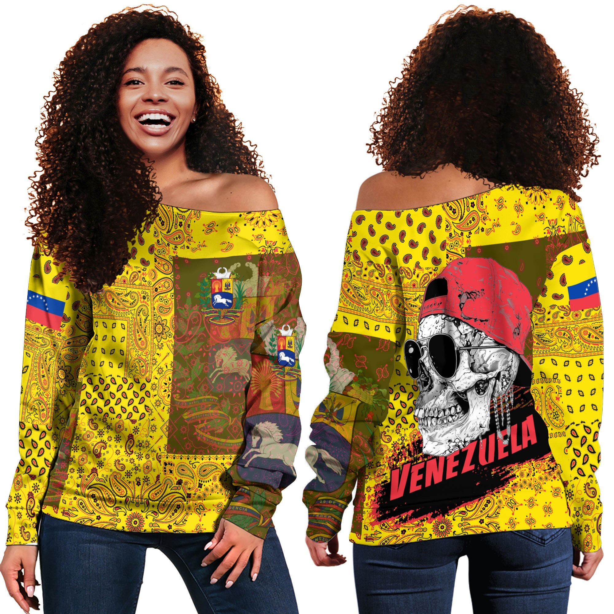 Venezuela Women Off Shoulder Sweatshirt Paisley Flag And Skull Style 1