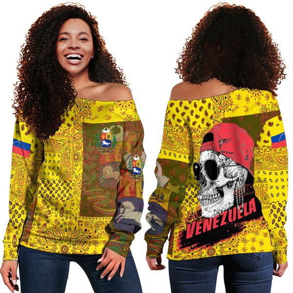 Venezuela Women Off Shoulder Sweatshirt Paisley Flag And Skull Style 1