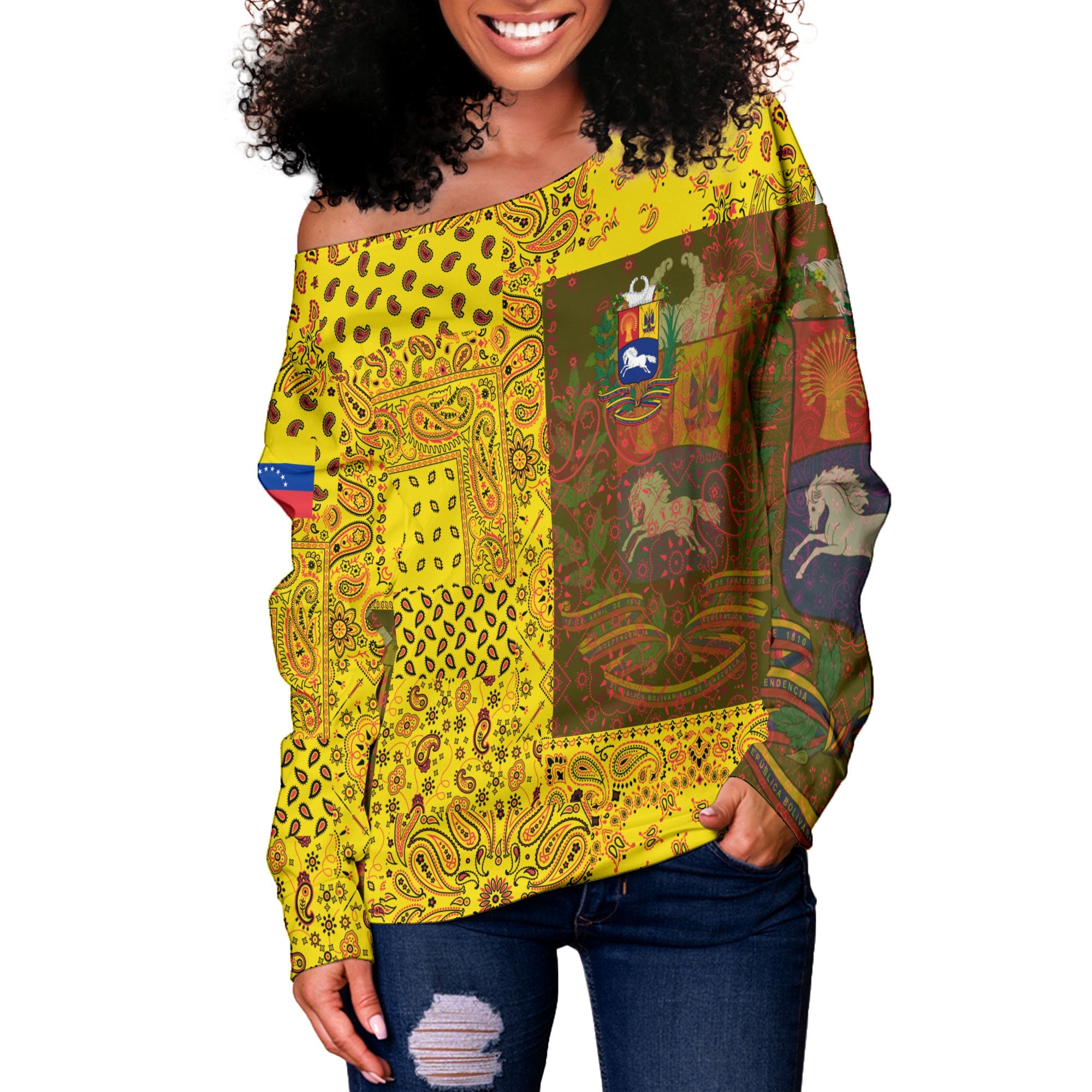 Venezuela Women Off Shoulder Sweatshirt Paisley Flag And Skull Style 2