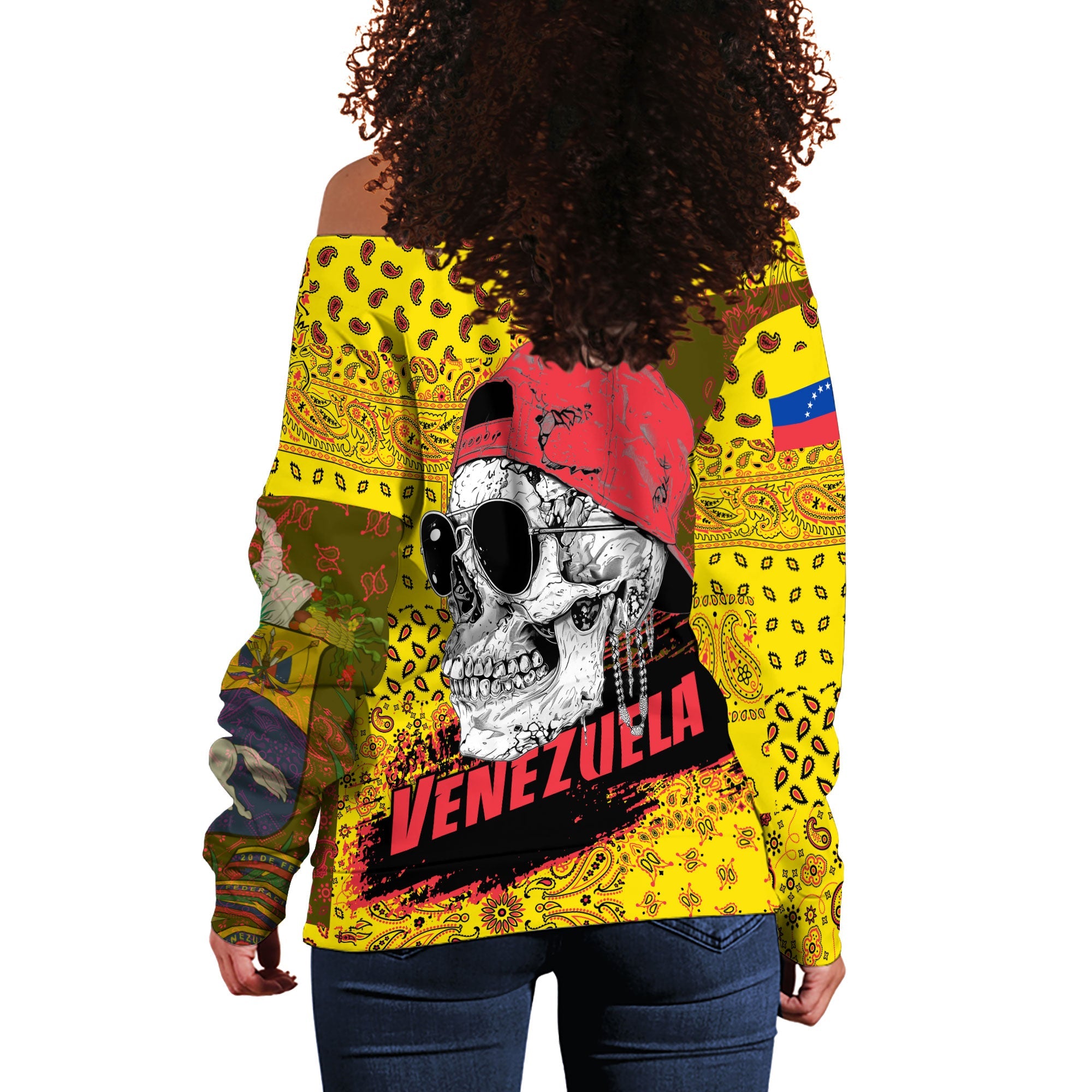 Venezuela Women Off Shoulder Sweatshirt Paisley Flag And Skull Style 3