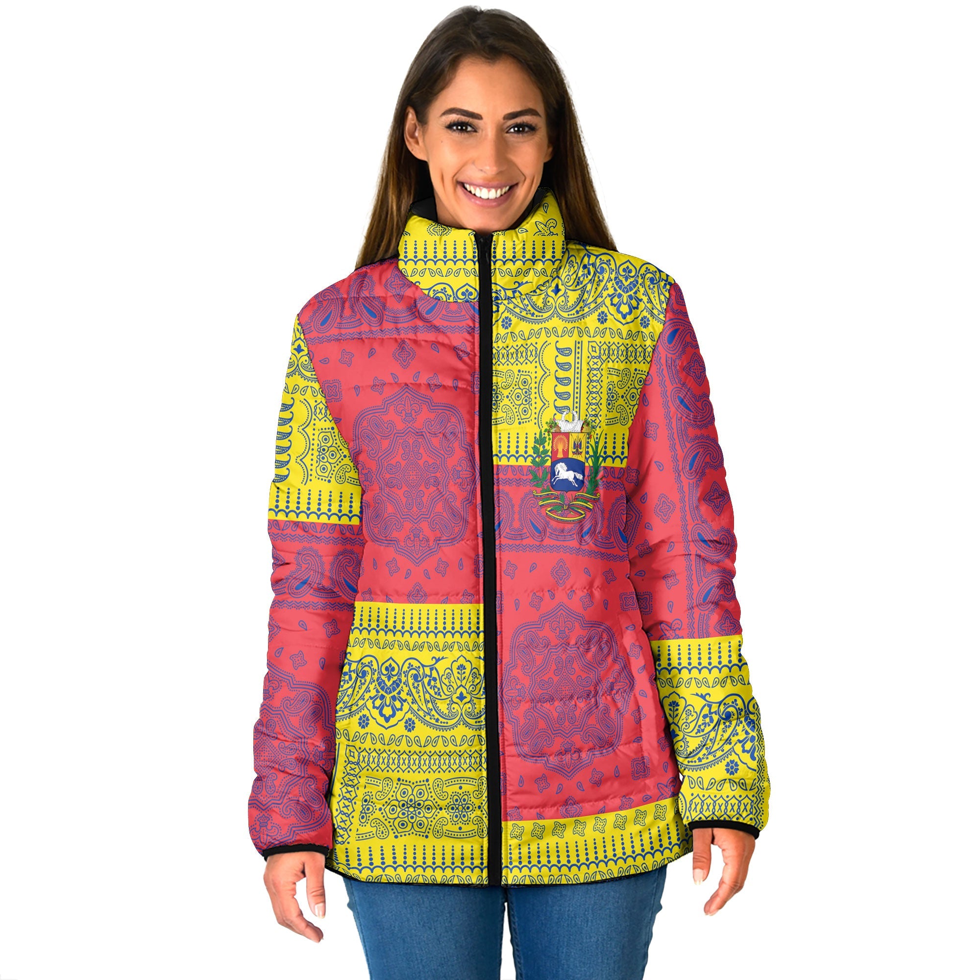 Venezuela Women Padded Jacket Flag And Paisley Basic Style 1