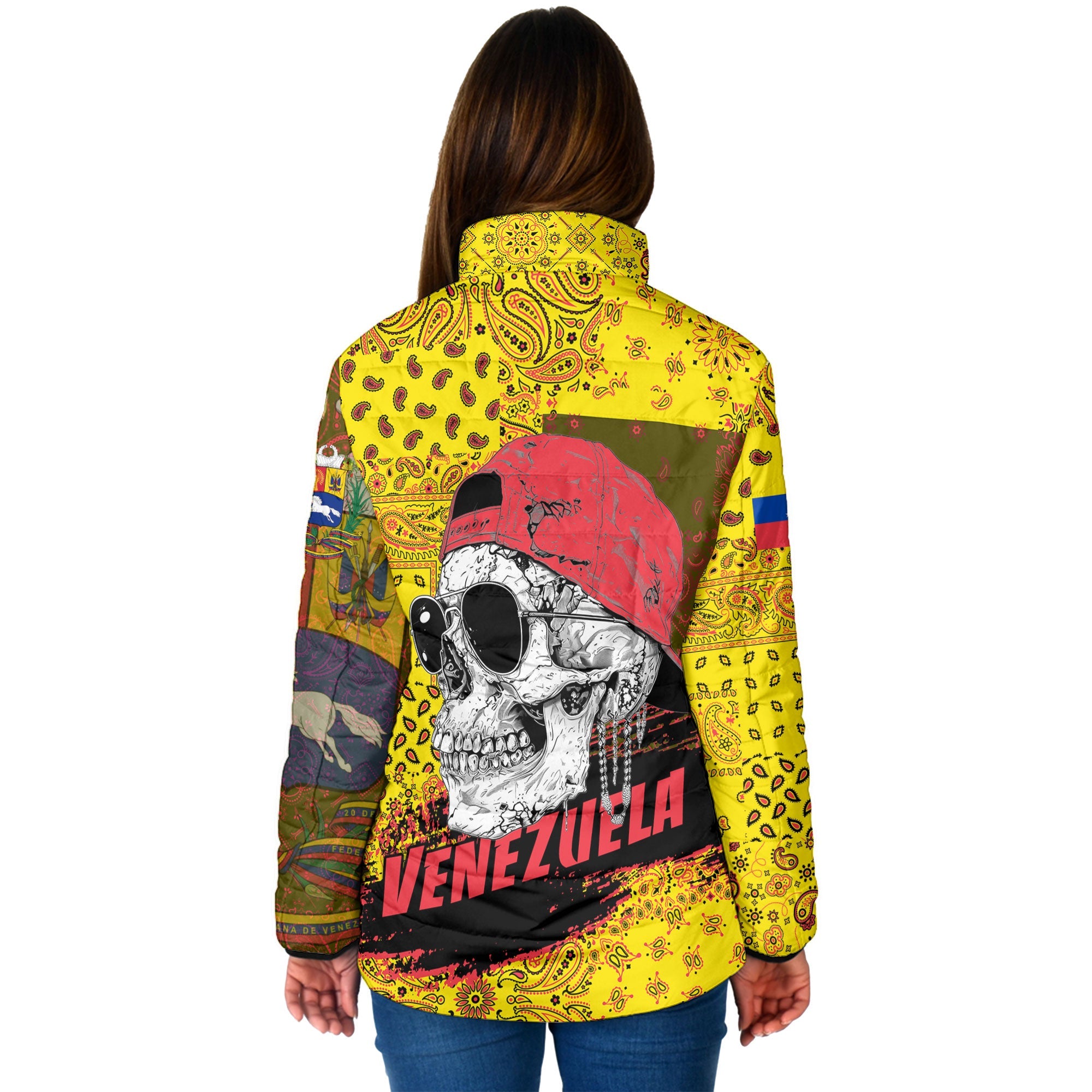 Venezuela Women Padded Jacket Paisley Flag And Skull Style 2