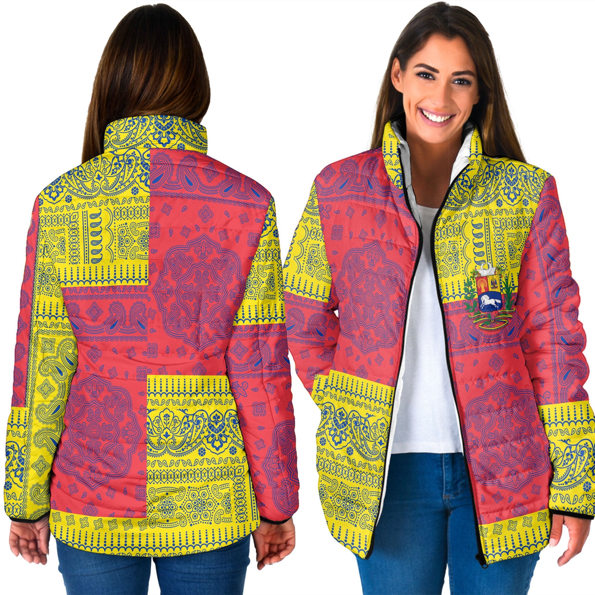 Venezuela Women Padded Jacket Flag And Paisley Basic Style 3