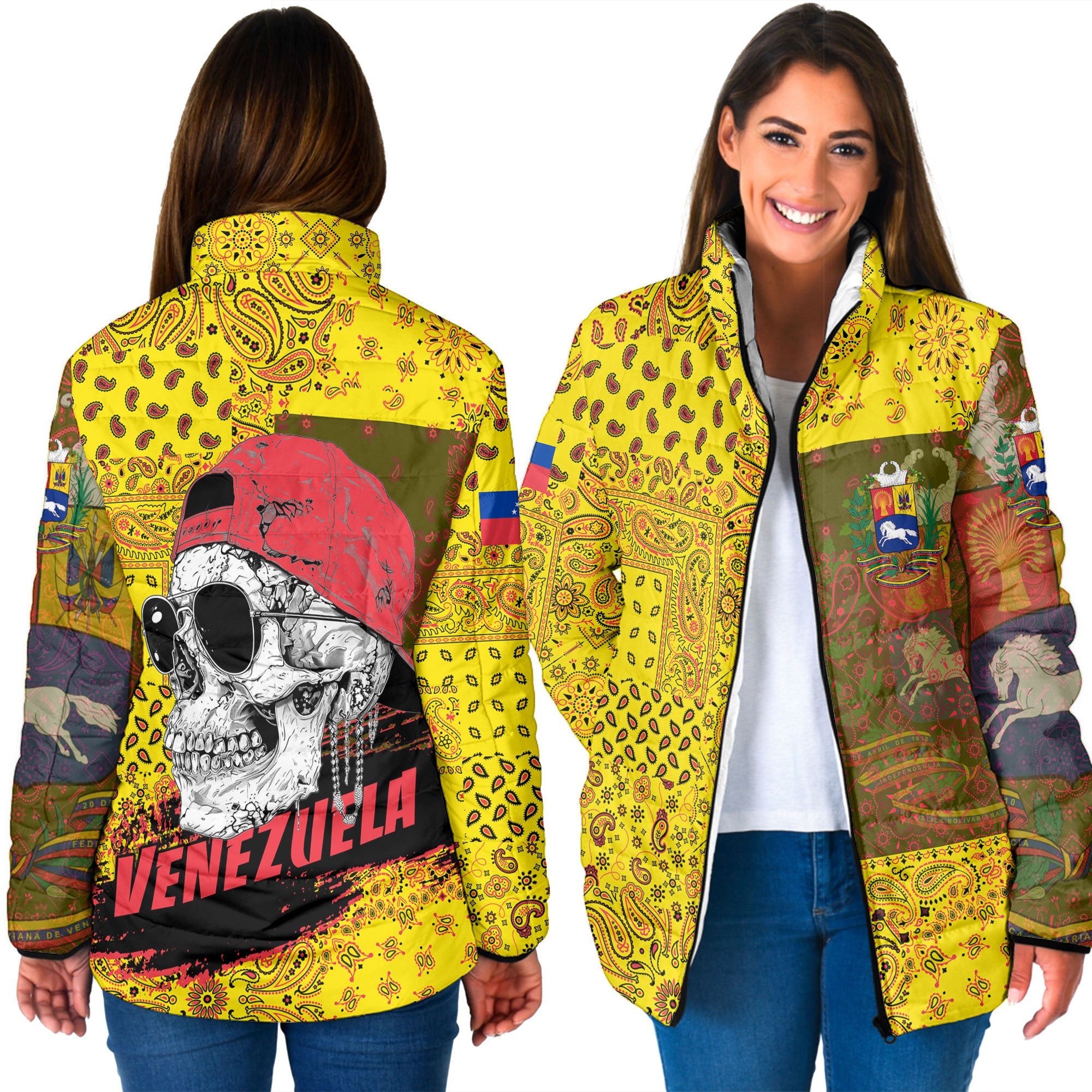 Venezuela Women Padded Jacket Paisley Flag And Skull Style 3