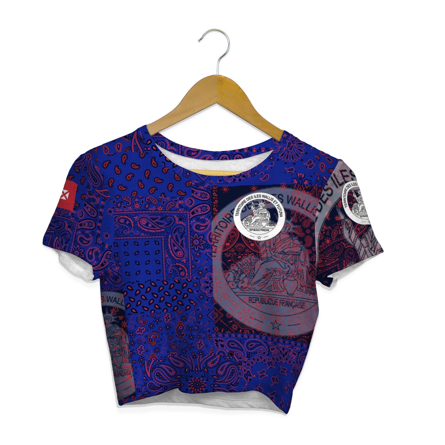 Wallis And Futuna Croptop T Shirt Paisley Flag And Skull Style 1