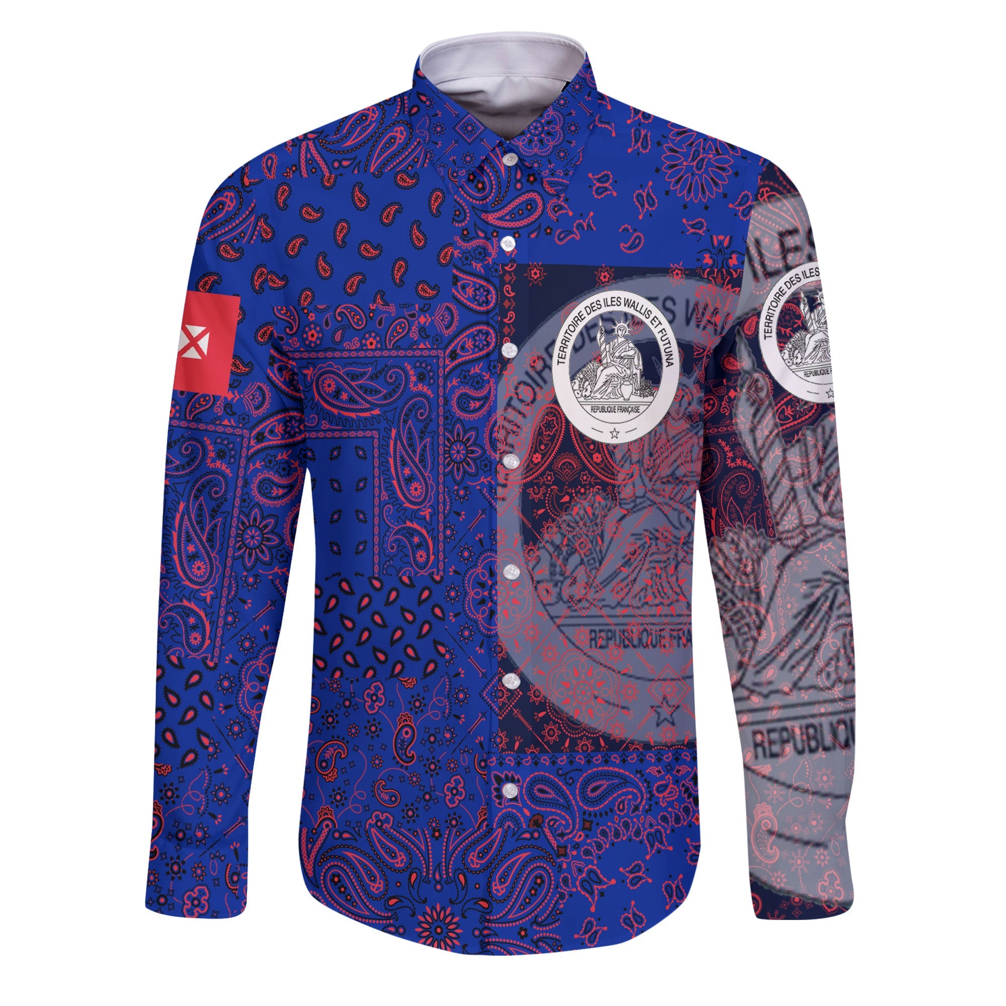 Wallis And Futuna Long Sleeve Button Shirt Paisley Flag And Skull Style 1