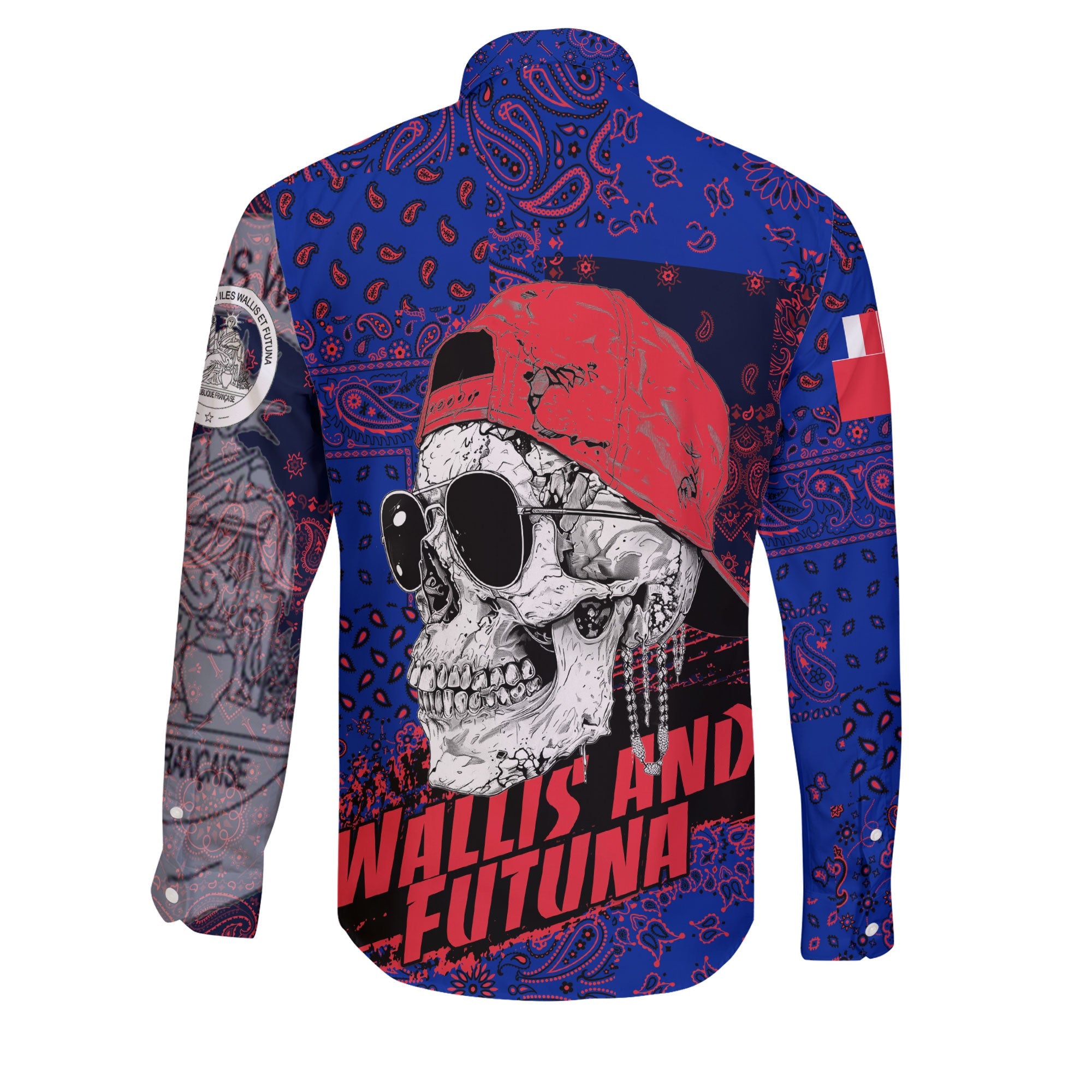 Wallis And Futuna Long Sleeve Button Shirt Paisley Flag And Skull Style 2