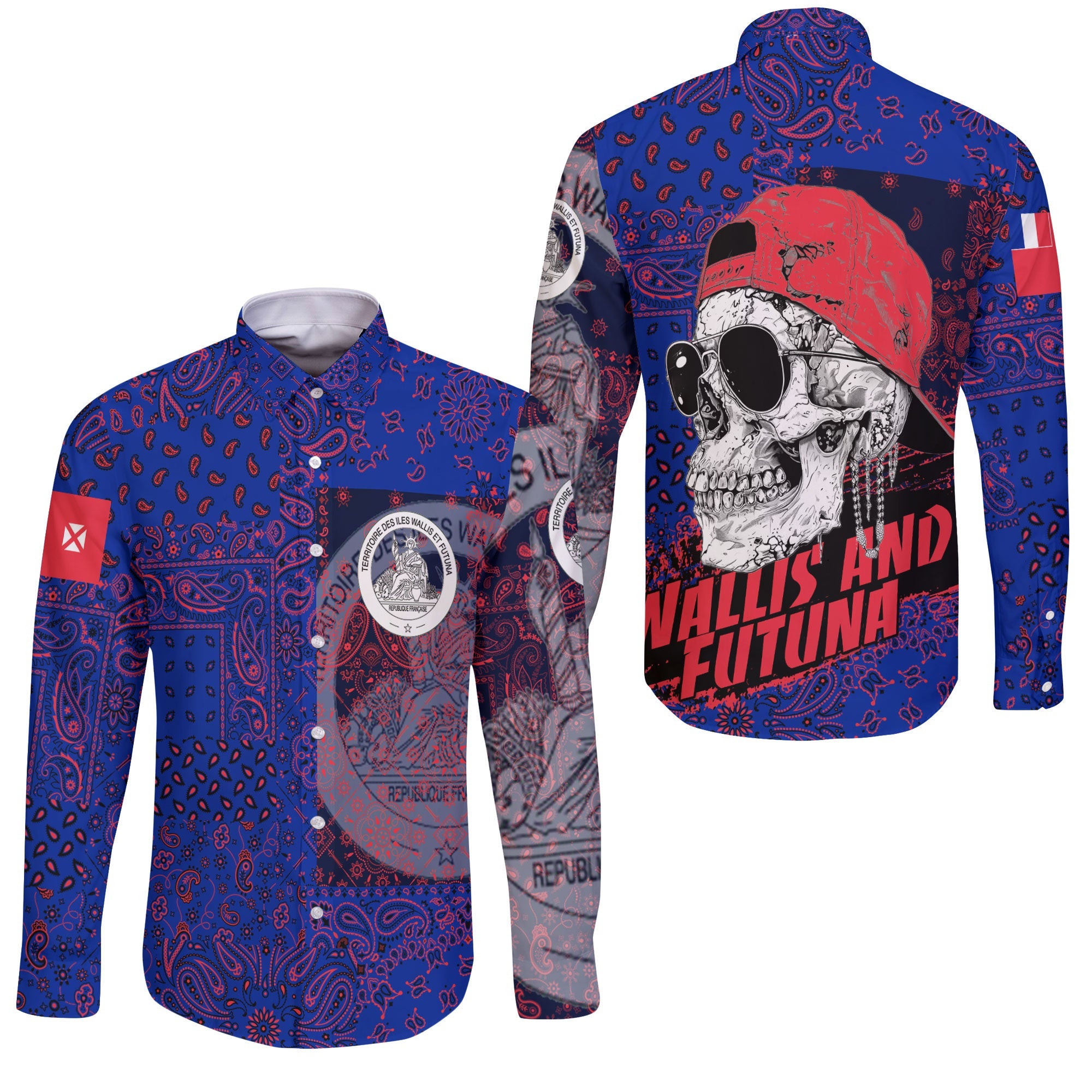 Wallis And Futuna Long Sleeve Button Shirt Paisley Flag And Skull Style 3