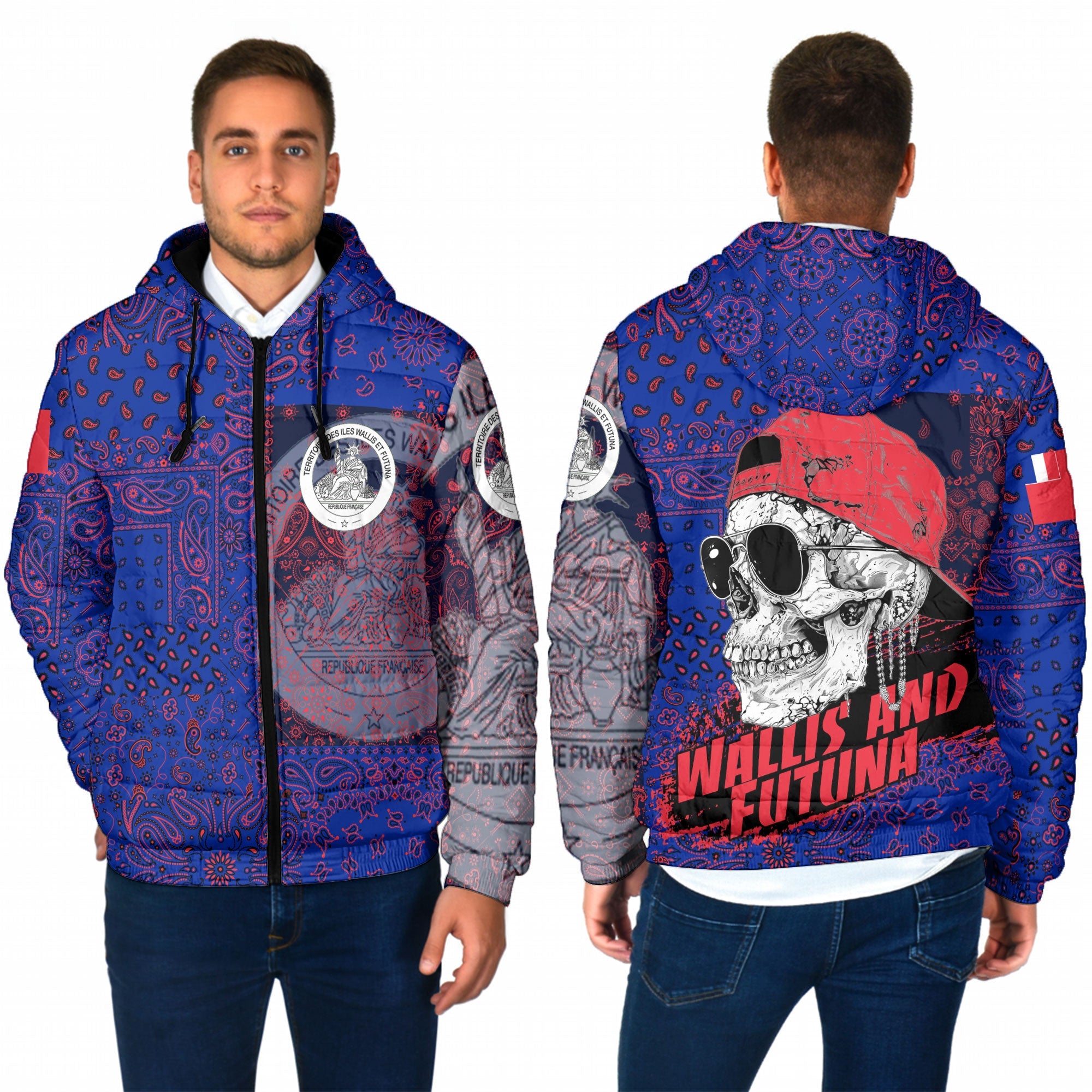 Wallis And Futuna Men Hooded Padded Jacket Paisley Flag And Skull Style 1