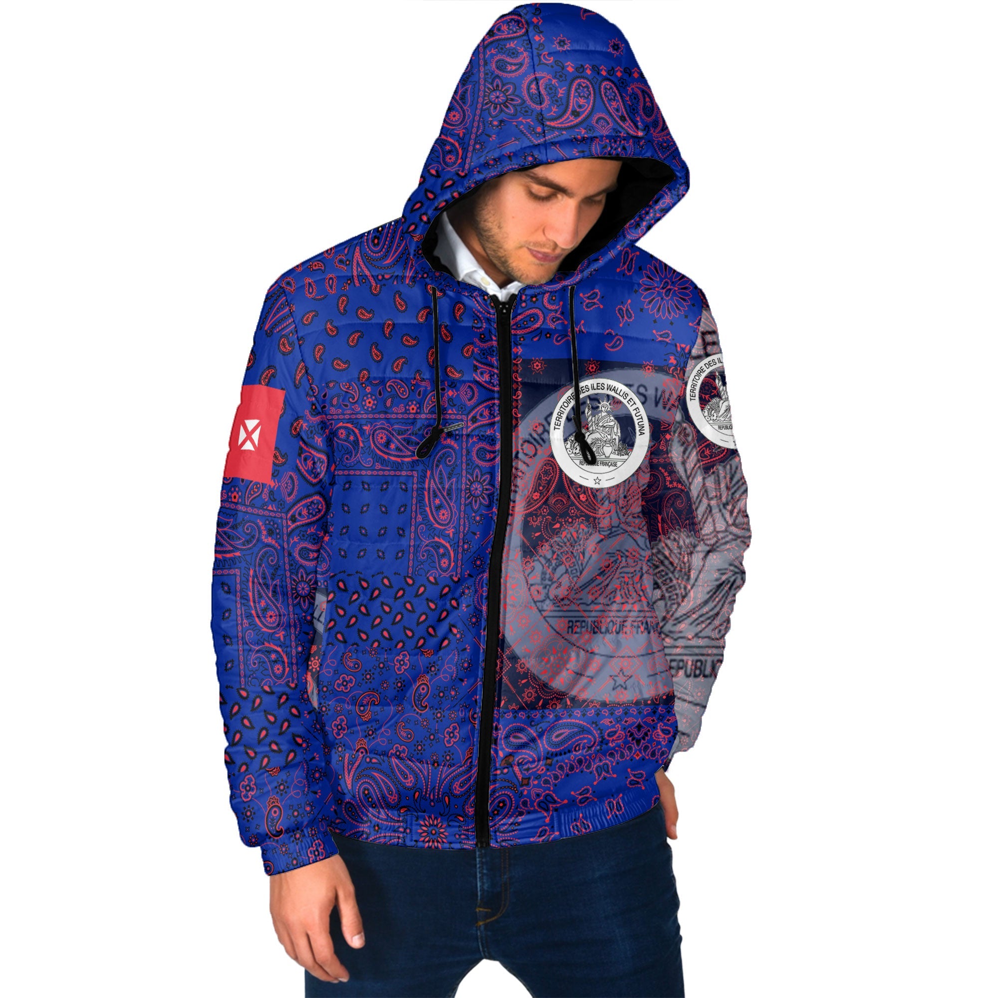 Wallis And Futuna Men Hooded Padded Jacket Paisley Flag And Skull Style 2