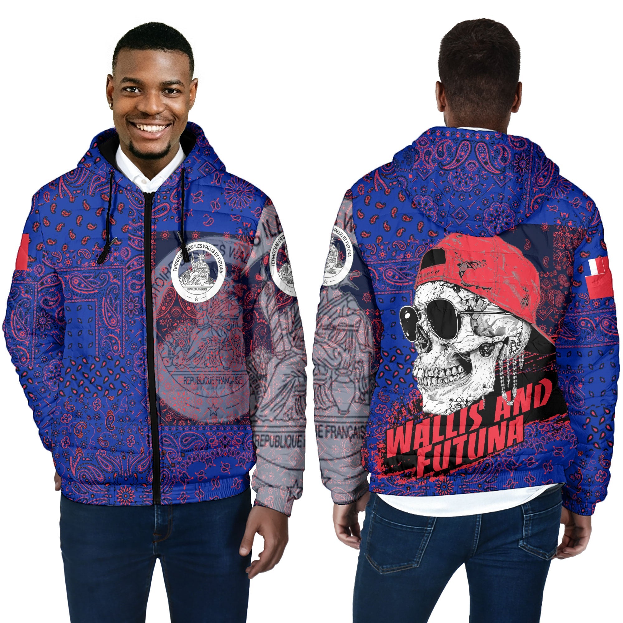 Wallis And Futuna Men Hooded Padded Jacket Paisley Flag And Skull Style 5