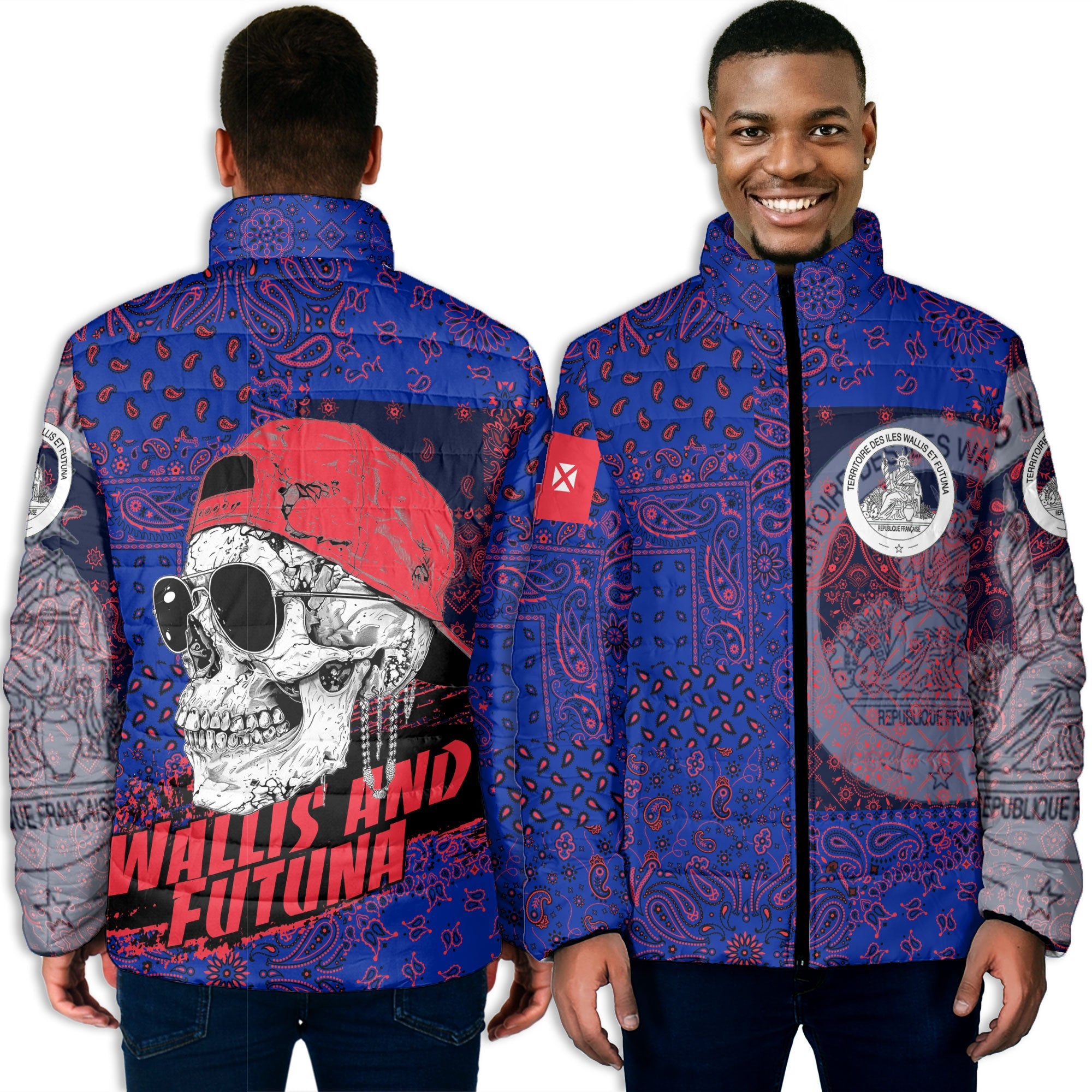 Wallis And Futuna Men Padded Jacket Paisley Flag And Skull Style 3