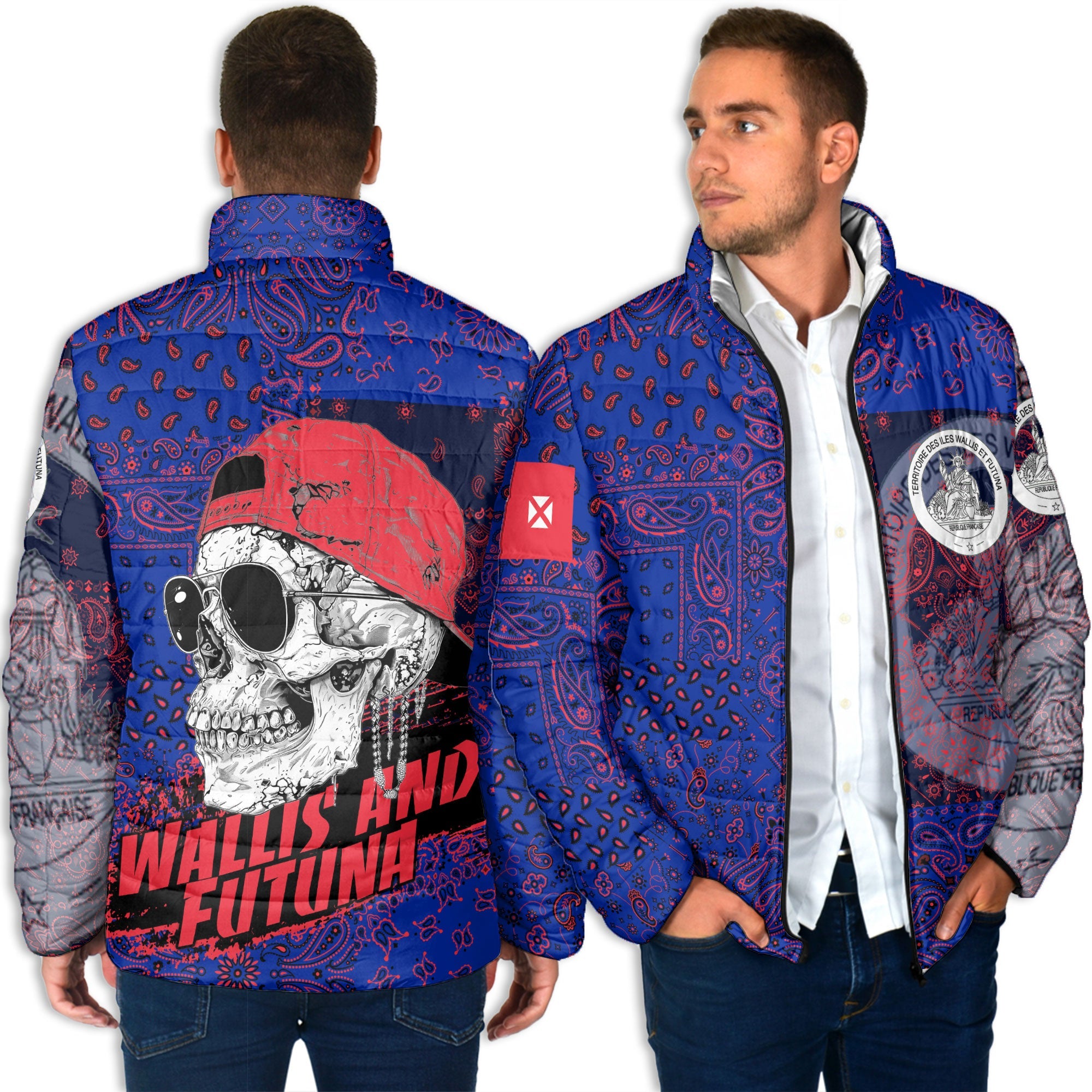 Wallis And Futuna Men Padded Jacket Paisley Flag And Skull Style 4