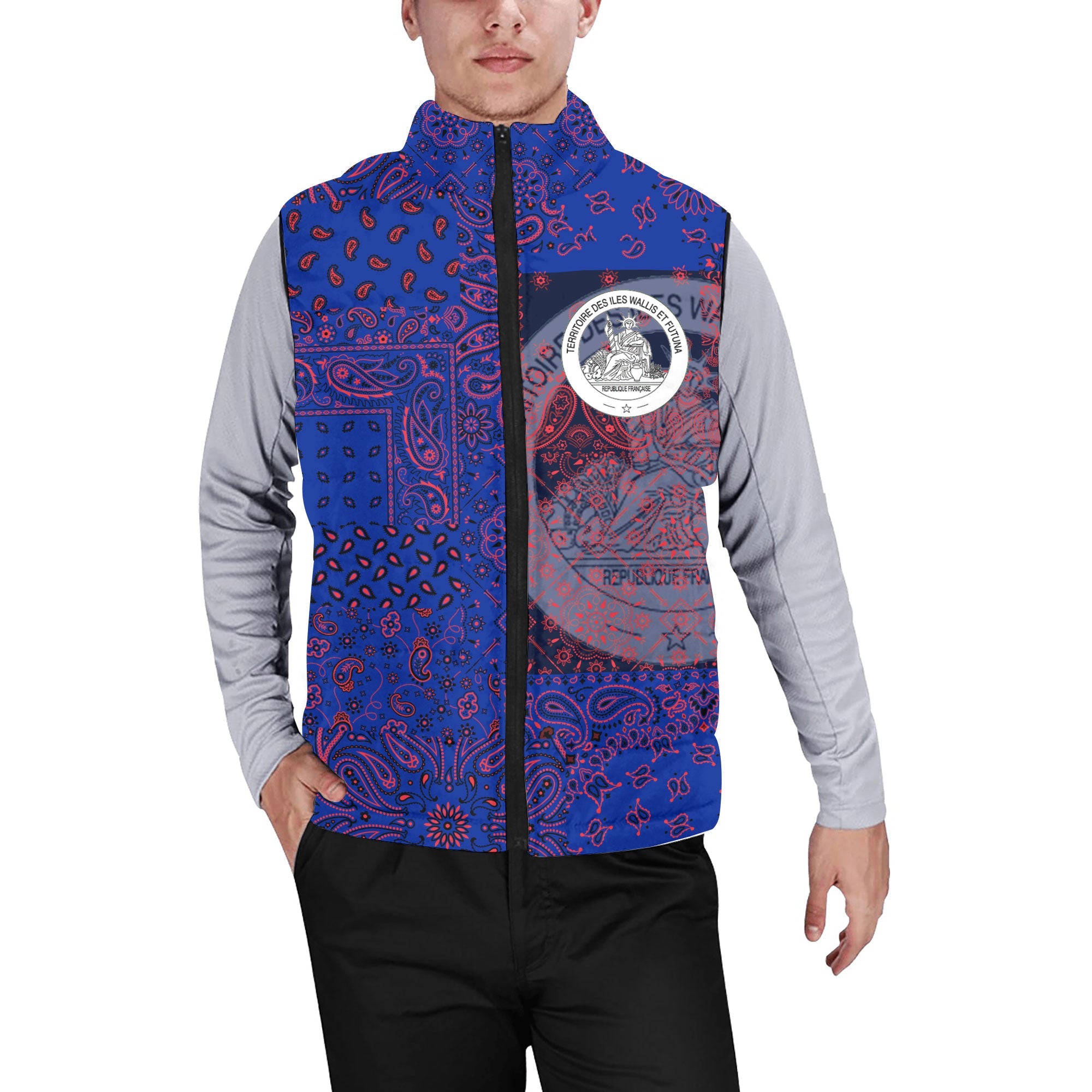 Wallis And Futuna Men Padded Jacket Vest Paisley Flag And Skull Style 1