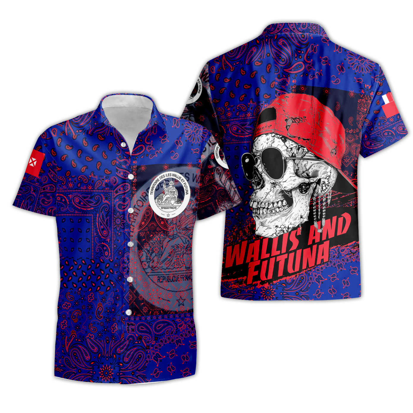 Wallis And Futuna Short Sleeve Shirt Paisley Flag And Skull Style 3