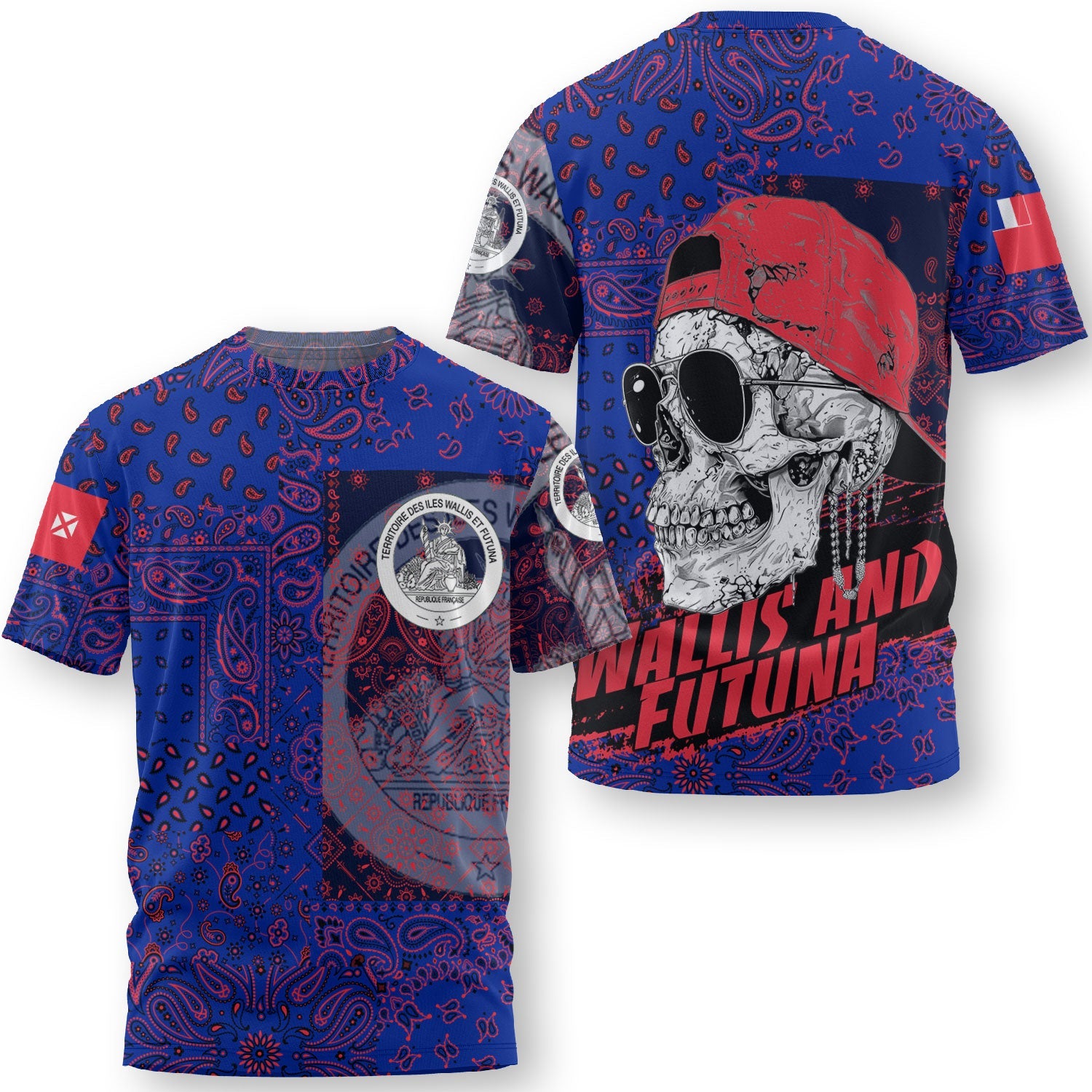 Wallis And Futuna T Shirt Paisley Flag And Skull Style 3