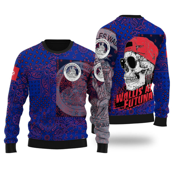 Wallis And Futuna Ugly Sweater Paisley Flag And Skull Style 1