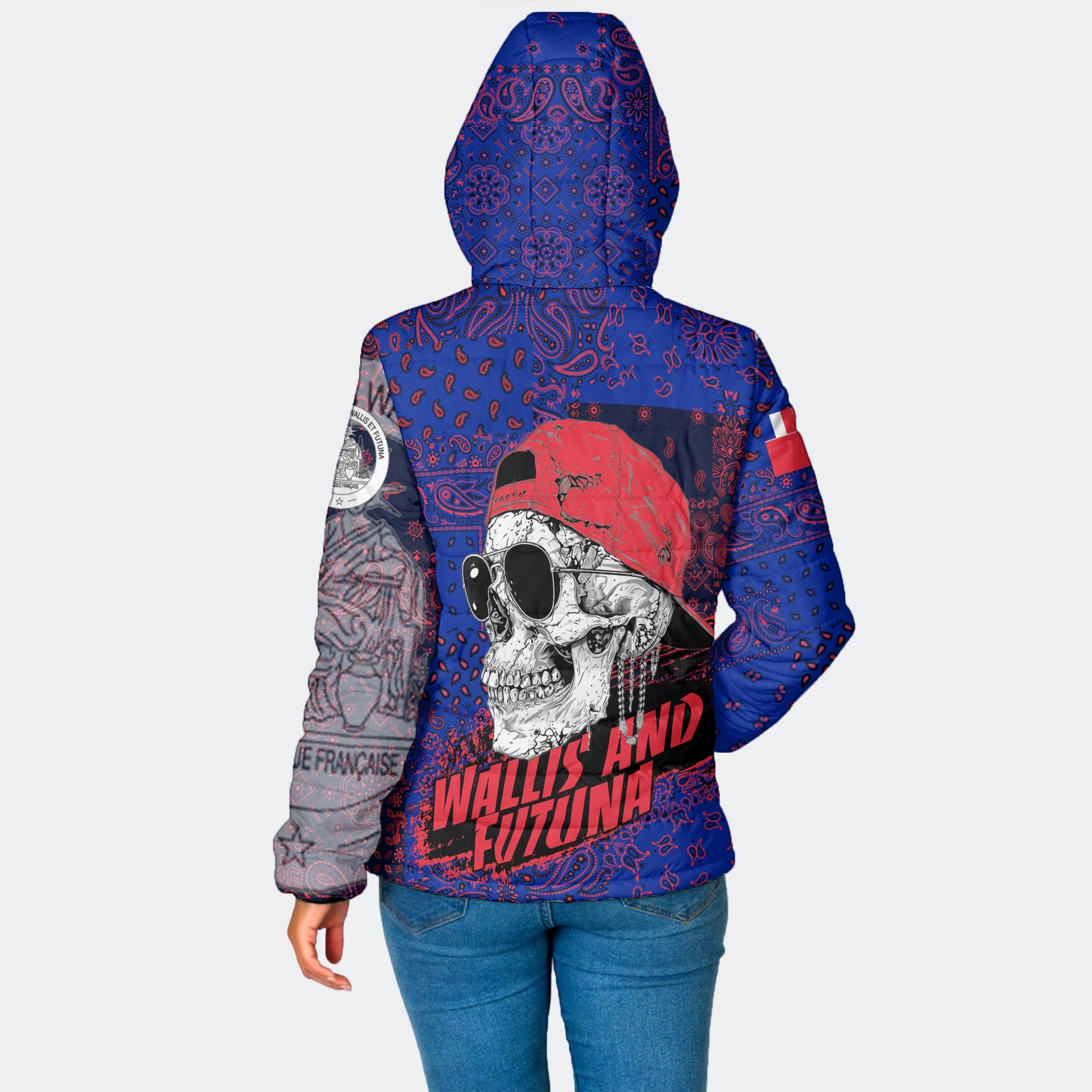 Wallis And Futuna Women Hooded Padded Jacket Paisley Flag And Skull Style 2