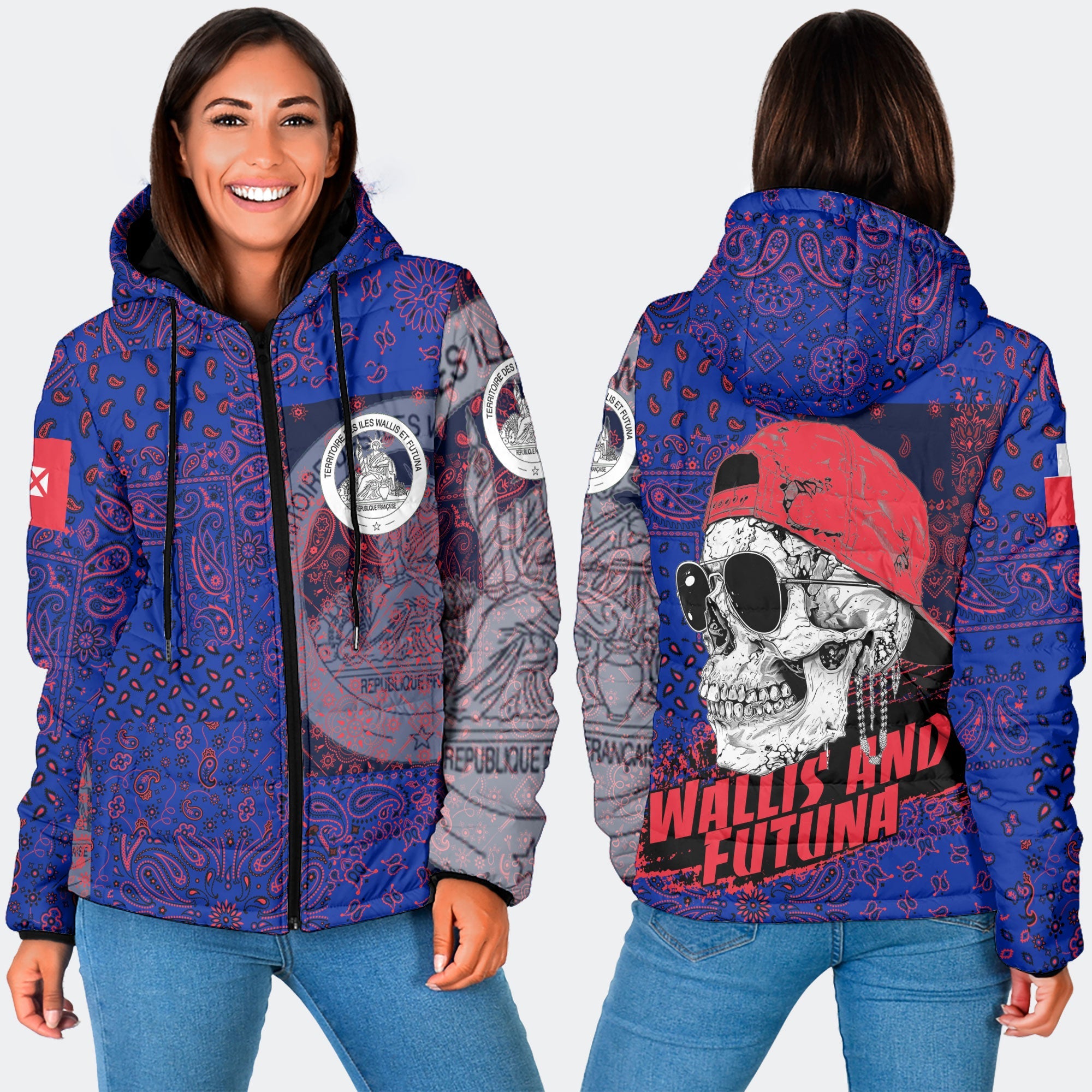 Wallis And Futuna Women Hooded Padded Jacket Paisley Flag And Skull Style 3