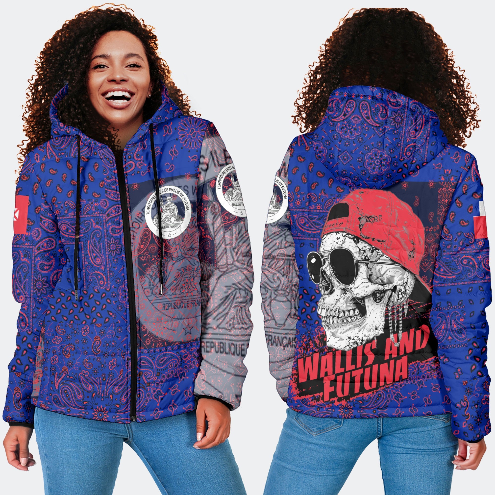 Wallis And Futuna Women Hooded Padded Jacket Paisley Flag And Skull Style 4