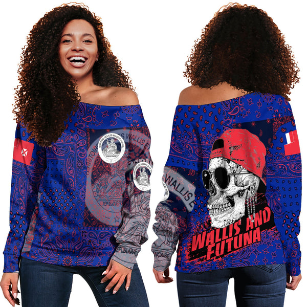 Wallis And Futuna Women Off Shoulder Sweatshirt Paisley Flag And Skull Style 1