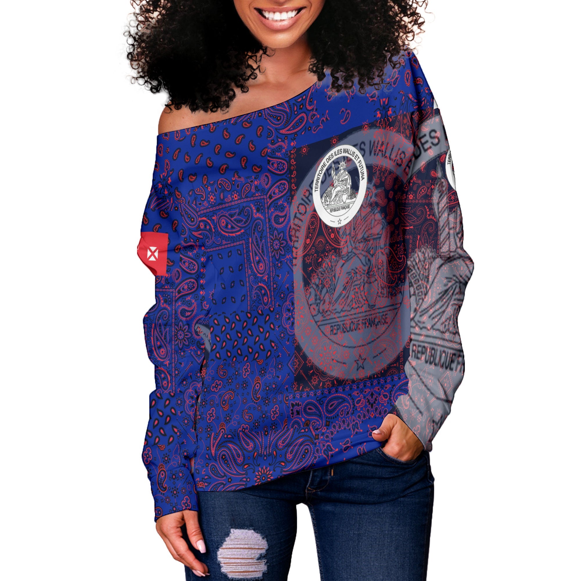 Wallis And Futuna Women Off Shoulder Sweatshirt Paisley Flag And Skull Style 2