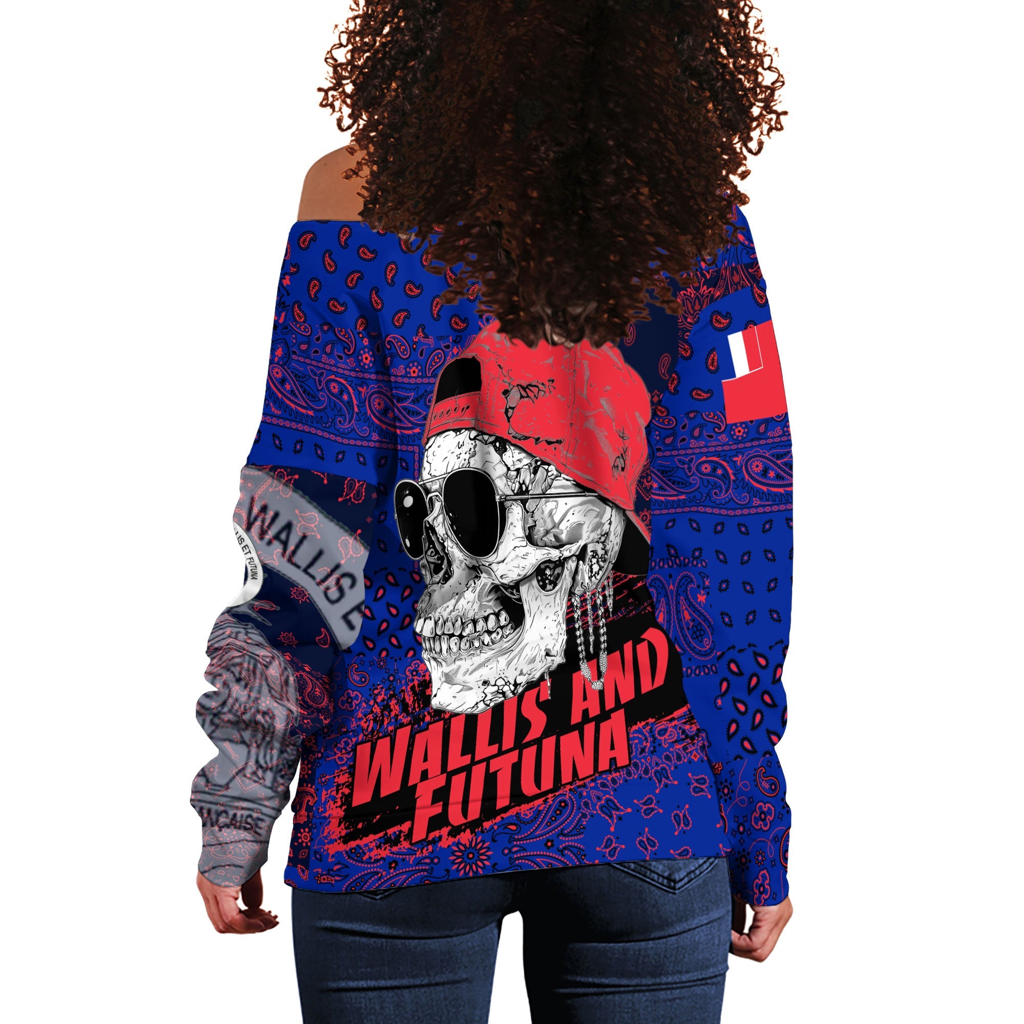 Wallis And Futuna Women Off Shoulder Sweatshirt Paisley Flag And Skull Style 3