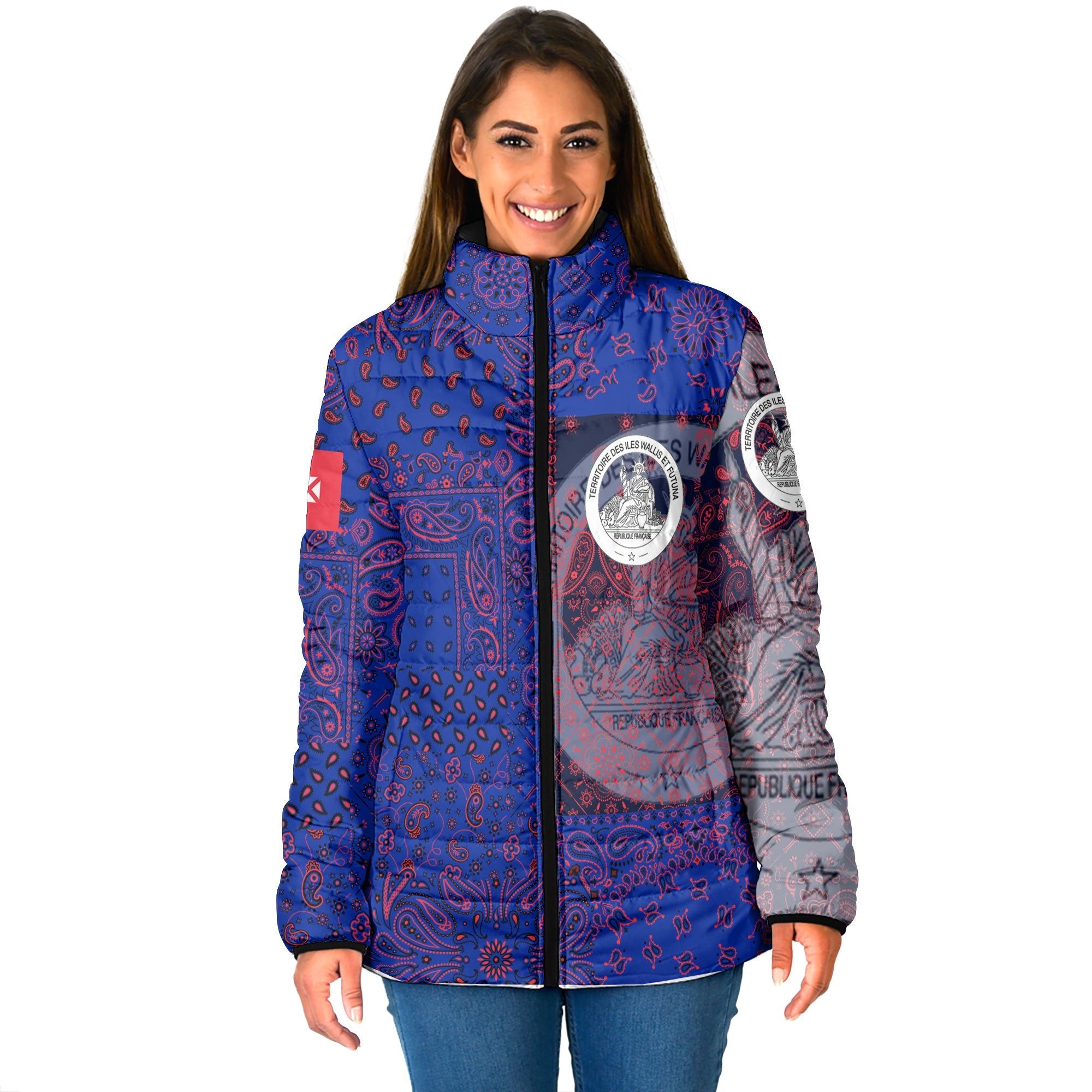 Wallis And Futuna Women Padded Jacket Paisley Flag And Skull Style 1