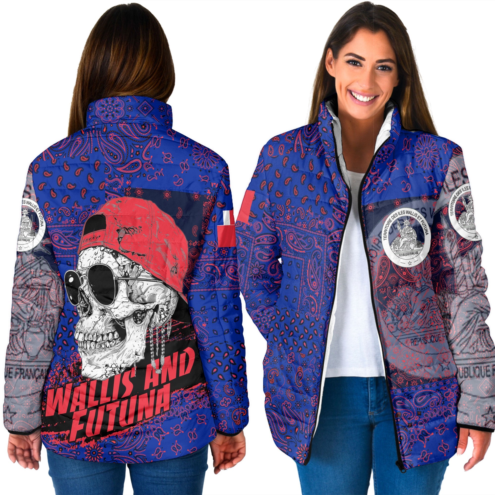 Wallis And Futuna Women Padded Jacket Paisley Flag And Skull Style 3