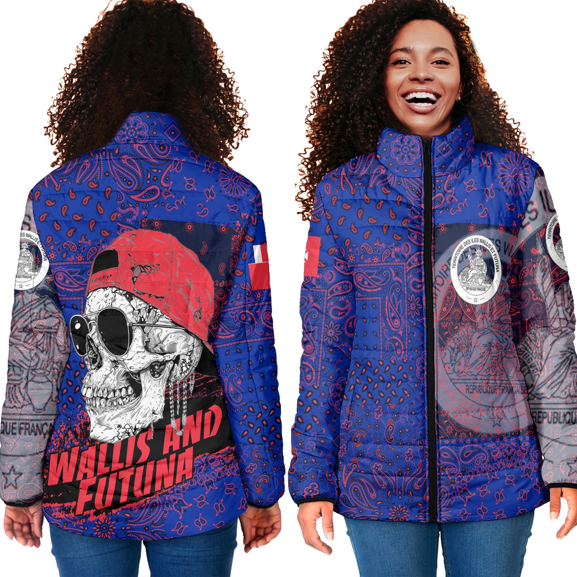 Wallis And Futuna Women Padded Jacket Paisley Flag And Skull Style 4