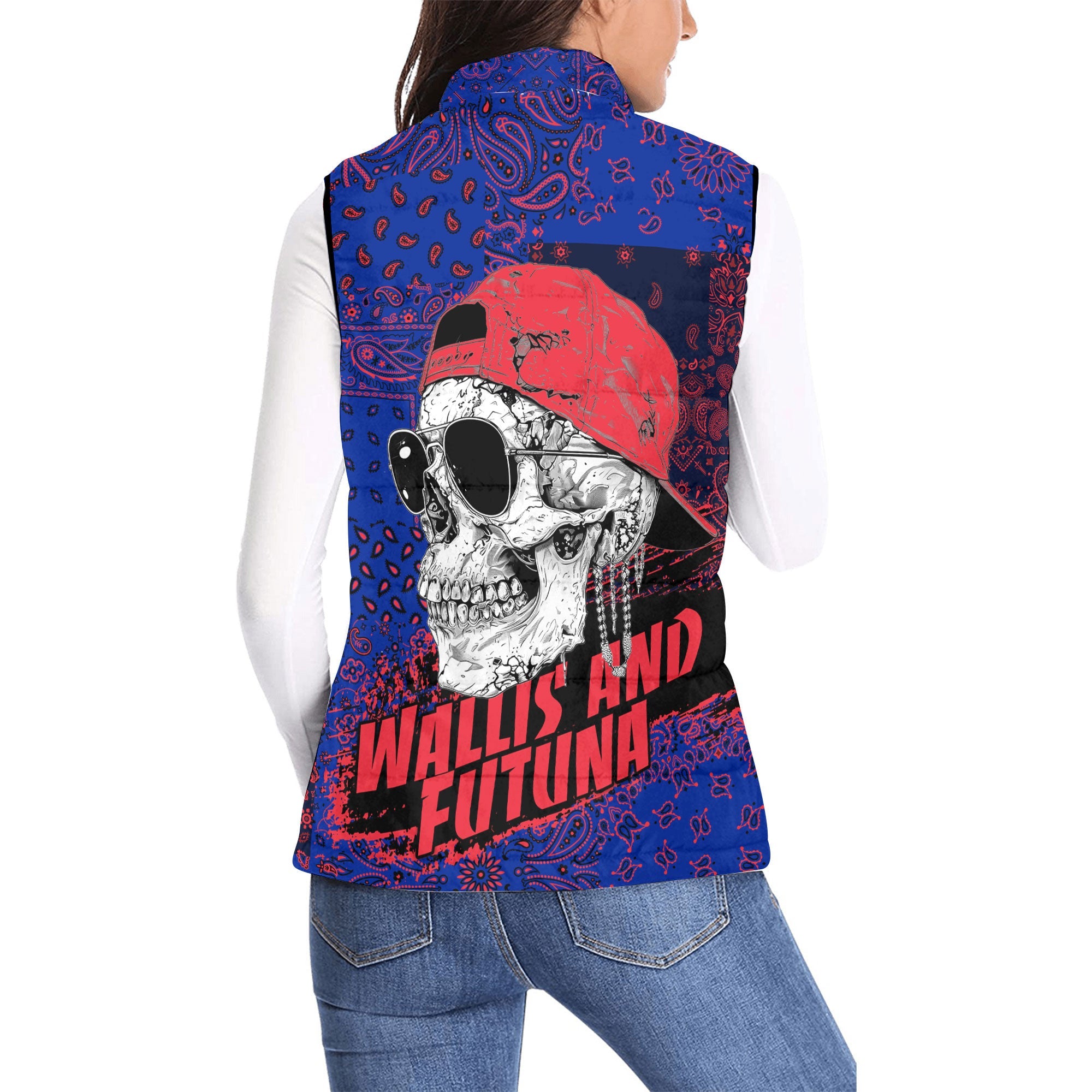 Wallis And Futuna Women Padded Jacket Vest Paisley Flag And Skull Style 2