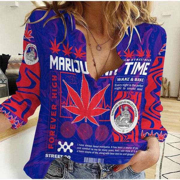 Wallis and Futuna Women Casual Shirt Flag & Coat Of Arms Marijuanas Style