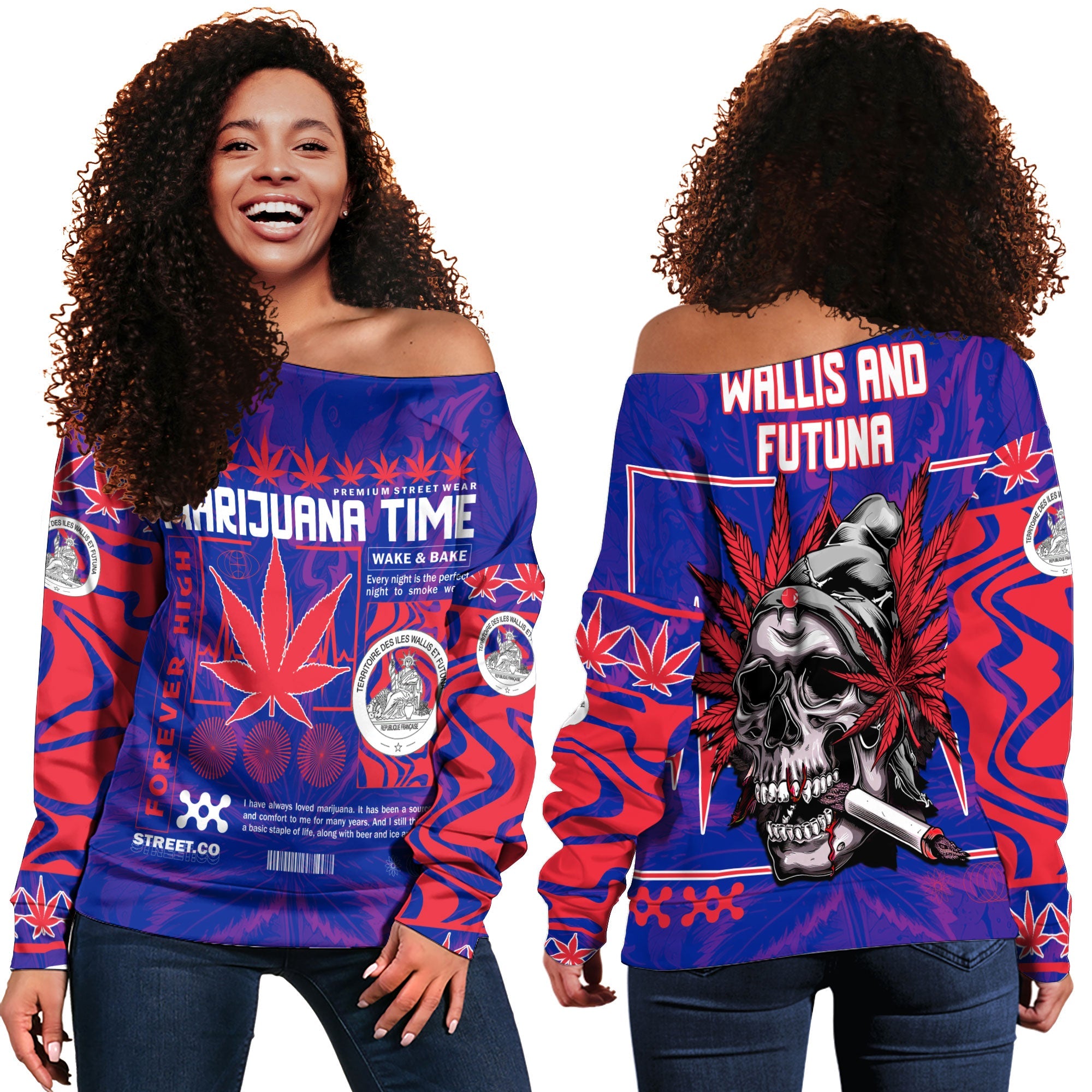 Wallis and Futuna Women Off Shoulder Sweatshirt Flag & Coat Of Arms Marijuanas Style