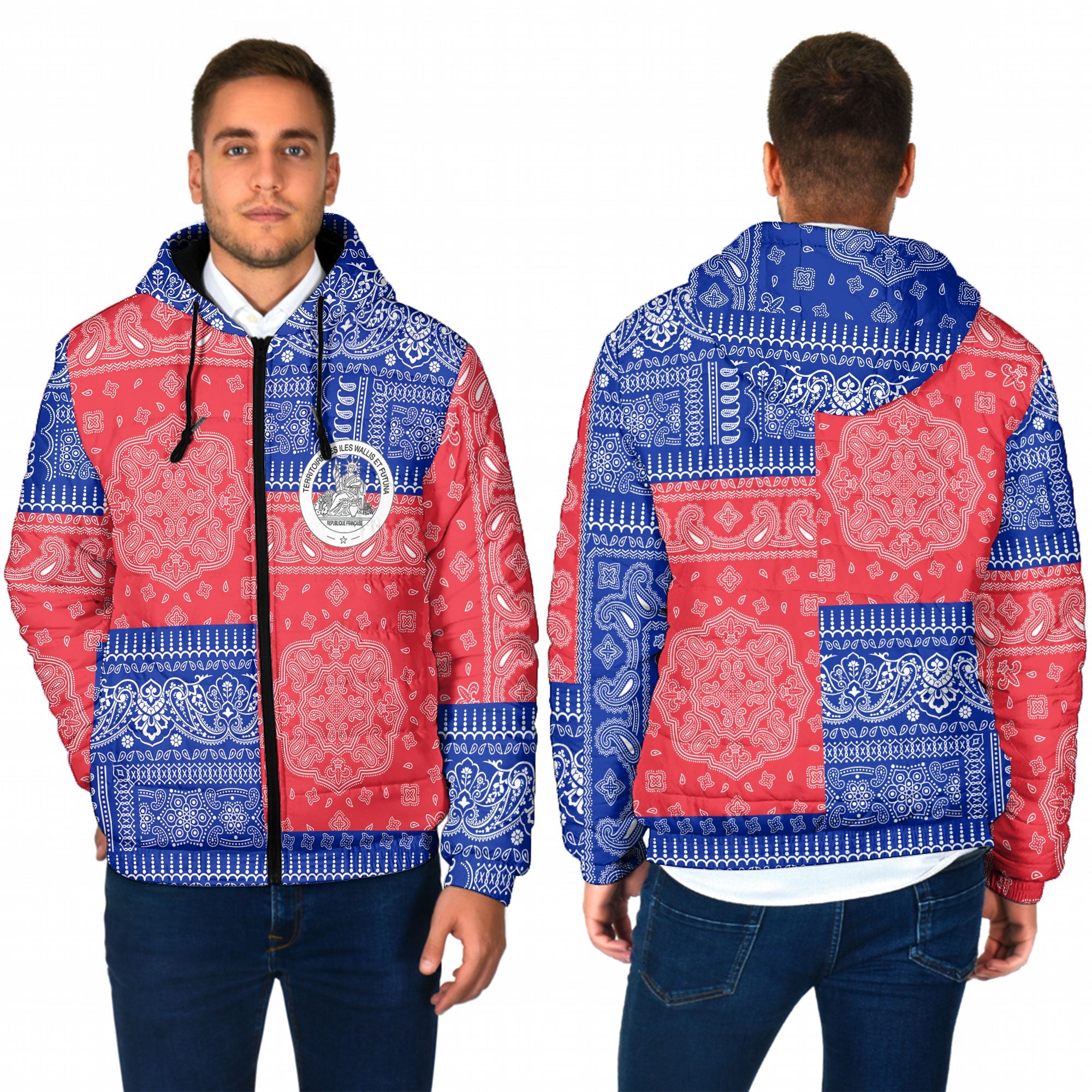 Wallis And Futuna Men Hooded Padded Jacket Flag And Paisley Basic Style 1