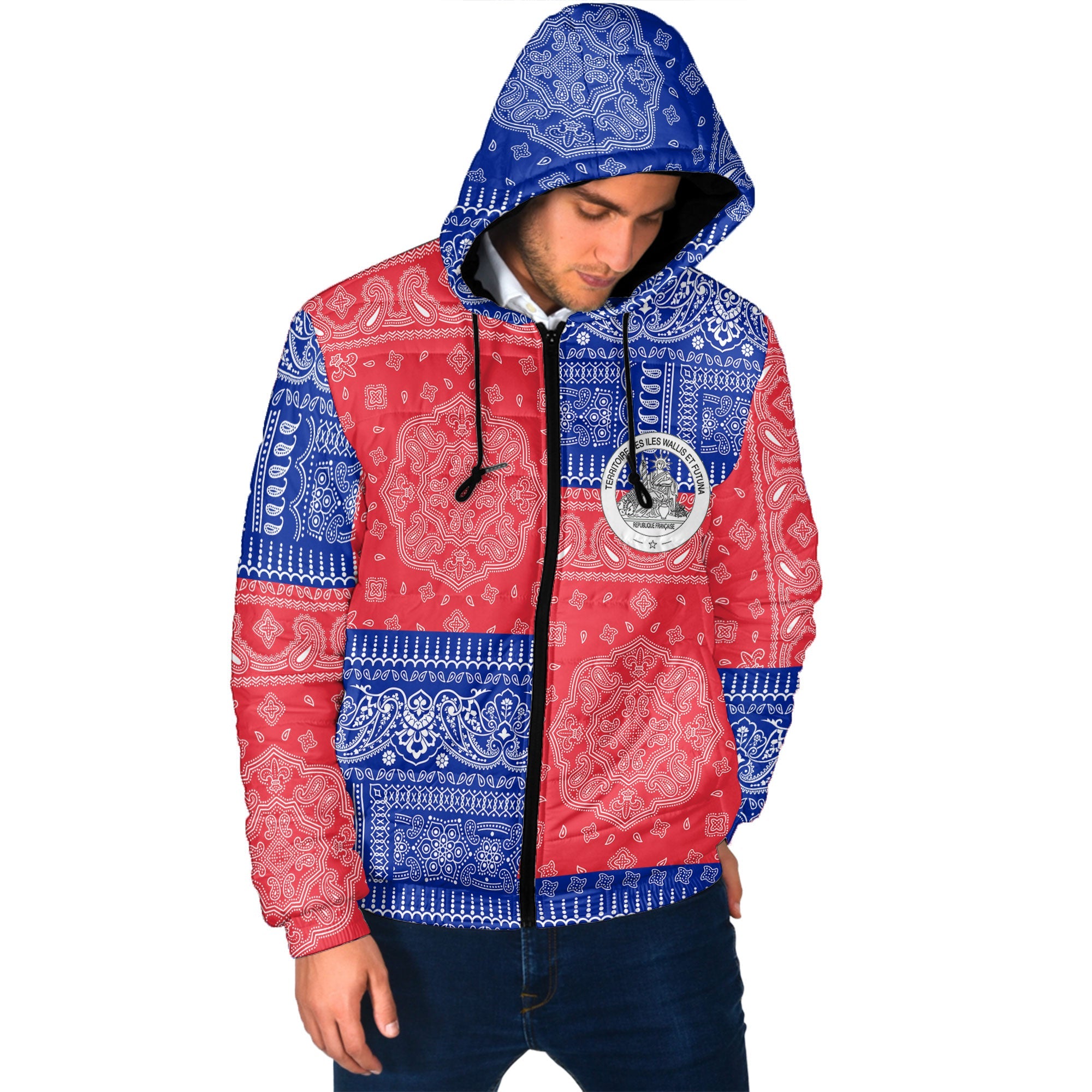 Wallis And Futuna Men Hooded Padded Jacket Flag And Paisley Basic Style 2