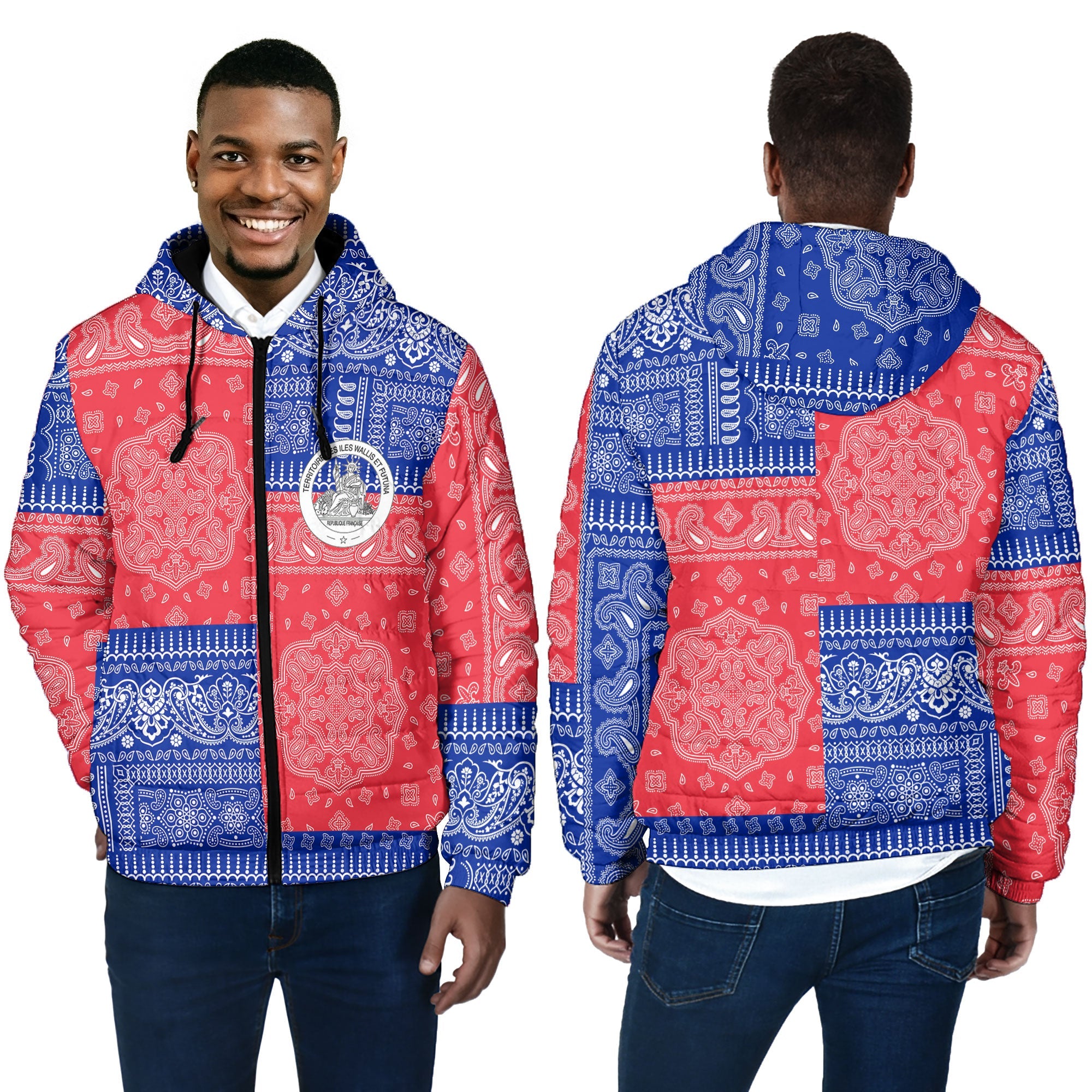 Wallis And Futuna Men Hooded Padded Jacket Flag And Paisley Basic Style 5