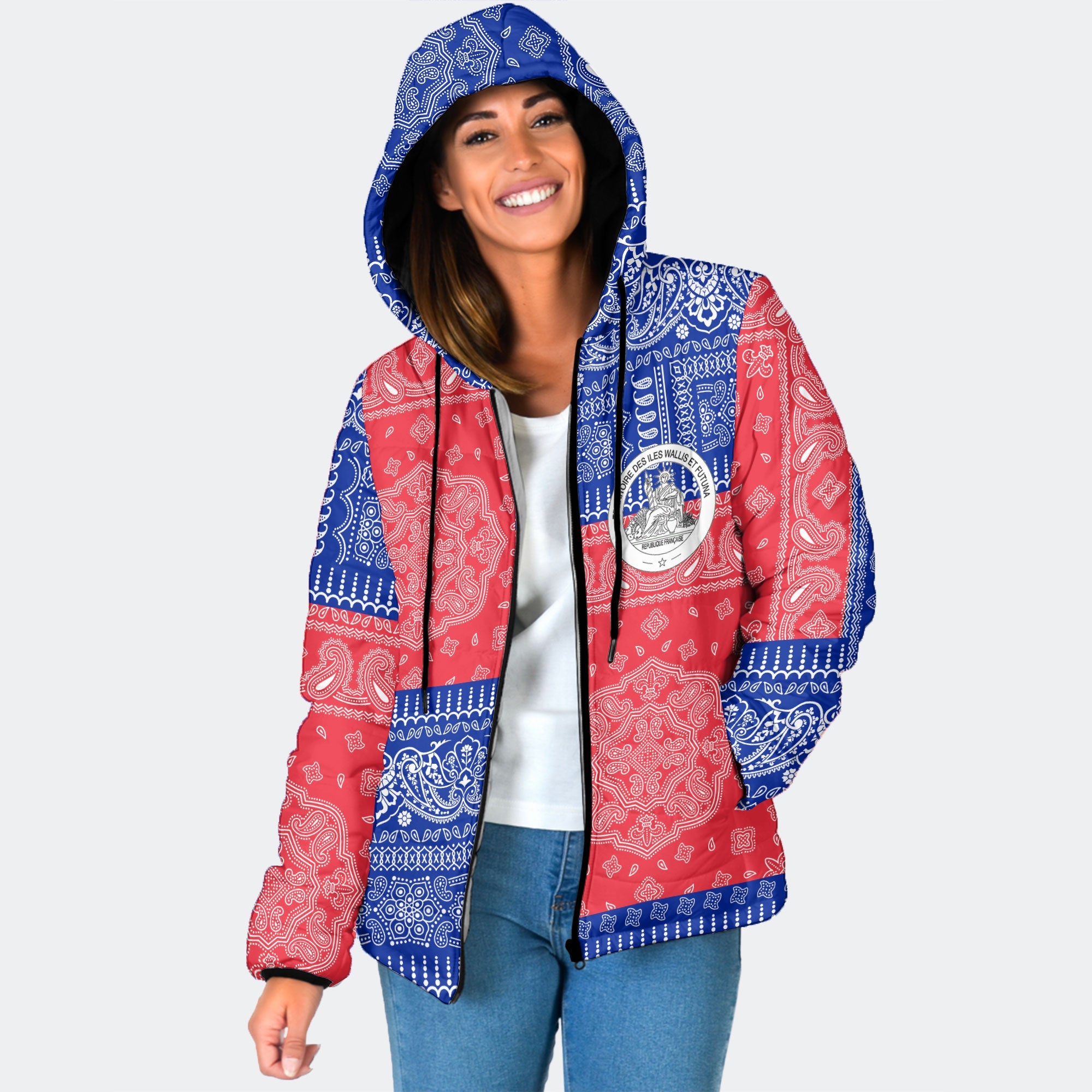 Wallis And Futuna Women Hooded Padded Jacket Flag And Paisley Basic Style 1