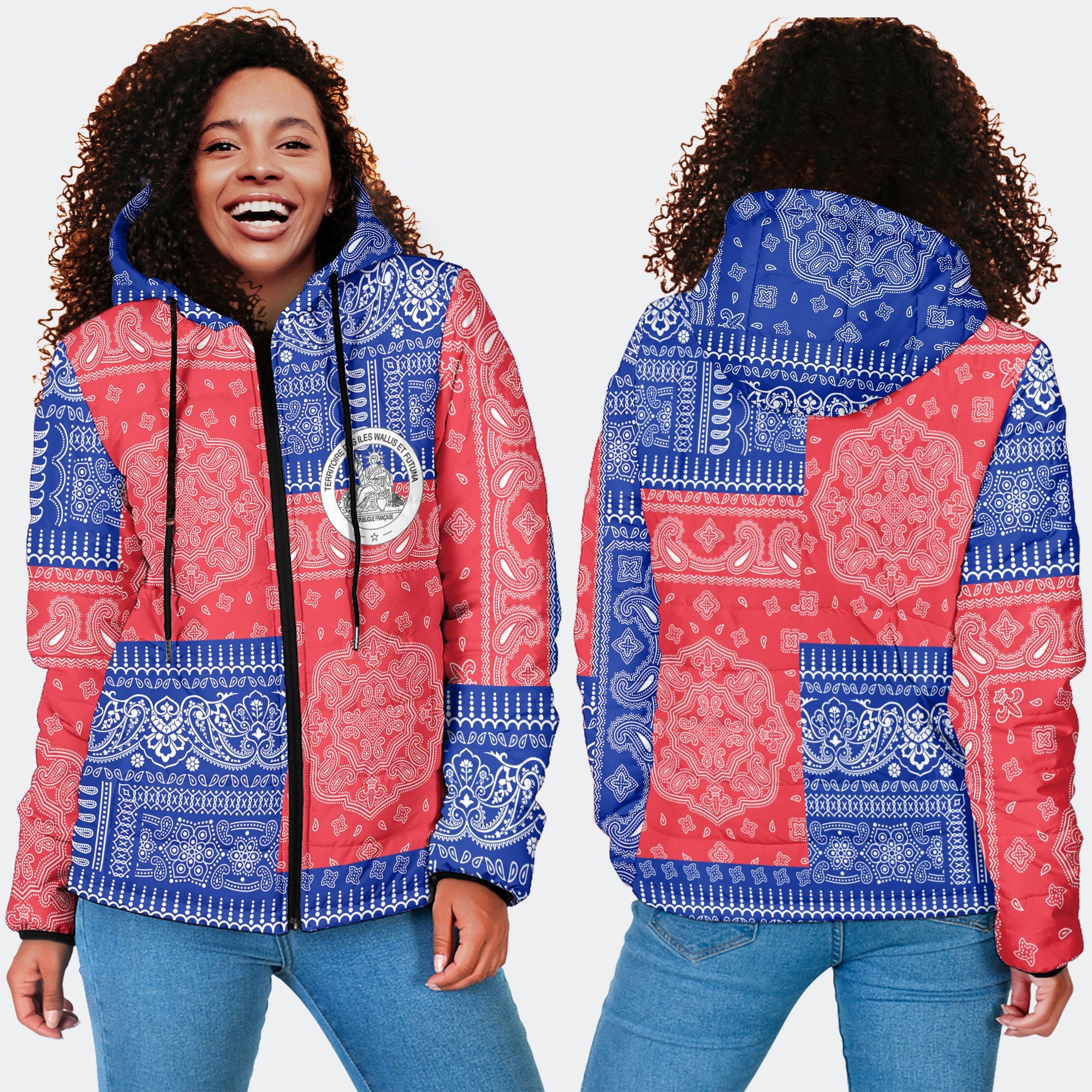 Wallis And Futuna Women Hooded Padded Jacket Flag And Paisley Basic Style 4