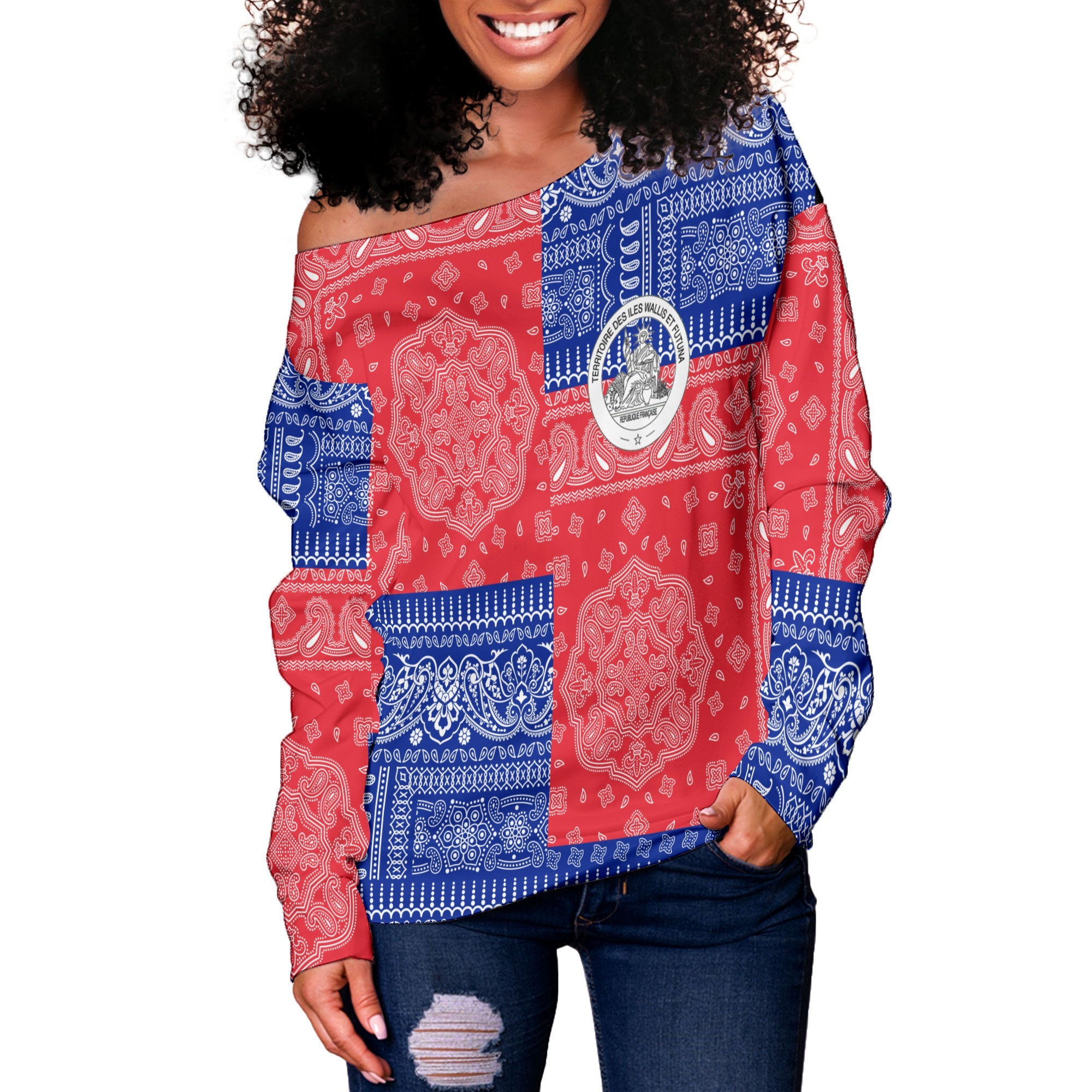 Wallis And Futuna Women Off Shoulder Sweatshirt Flag And Paisley Basic Style 2