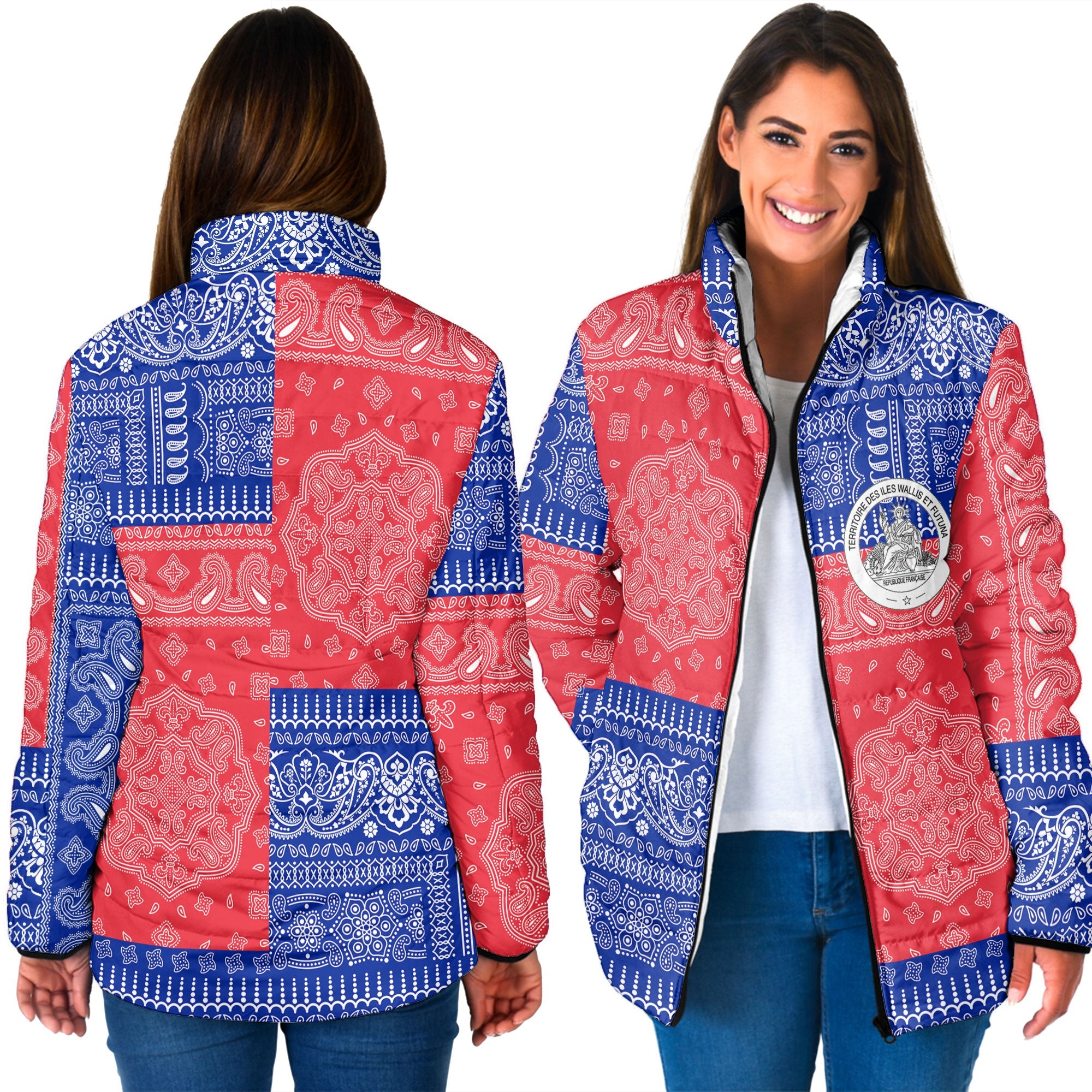 Wallis And Futuna Women Padded Jacket Flag And Paisley Basic Style 3