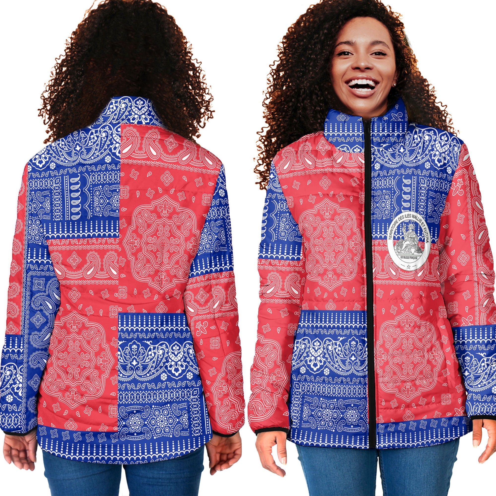 Wallis And Futuna Women Padded Jacket Flag And Paisley Basic Style 4