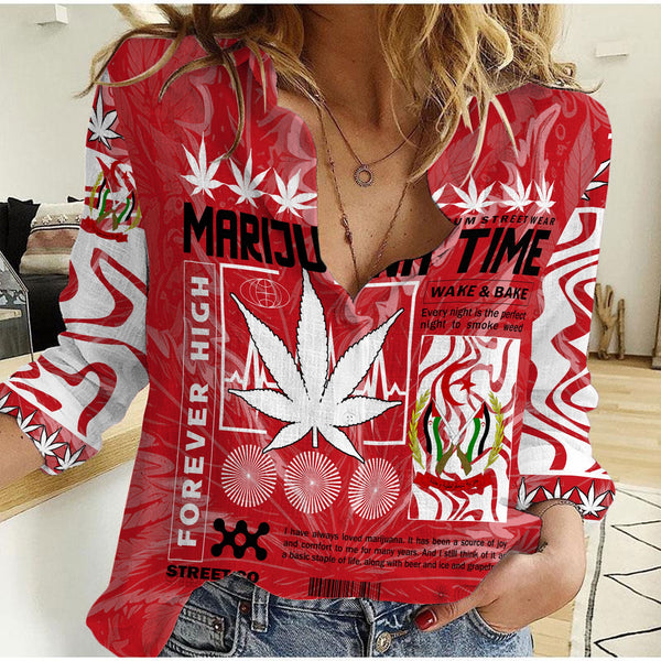 Western Sahara Women Casual Shirt Flag & Coat Of Arms Marijuanas Style