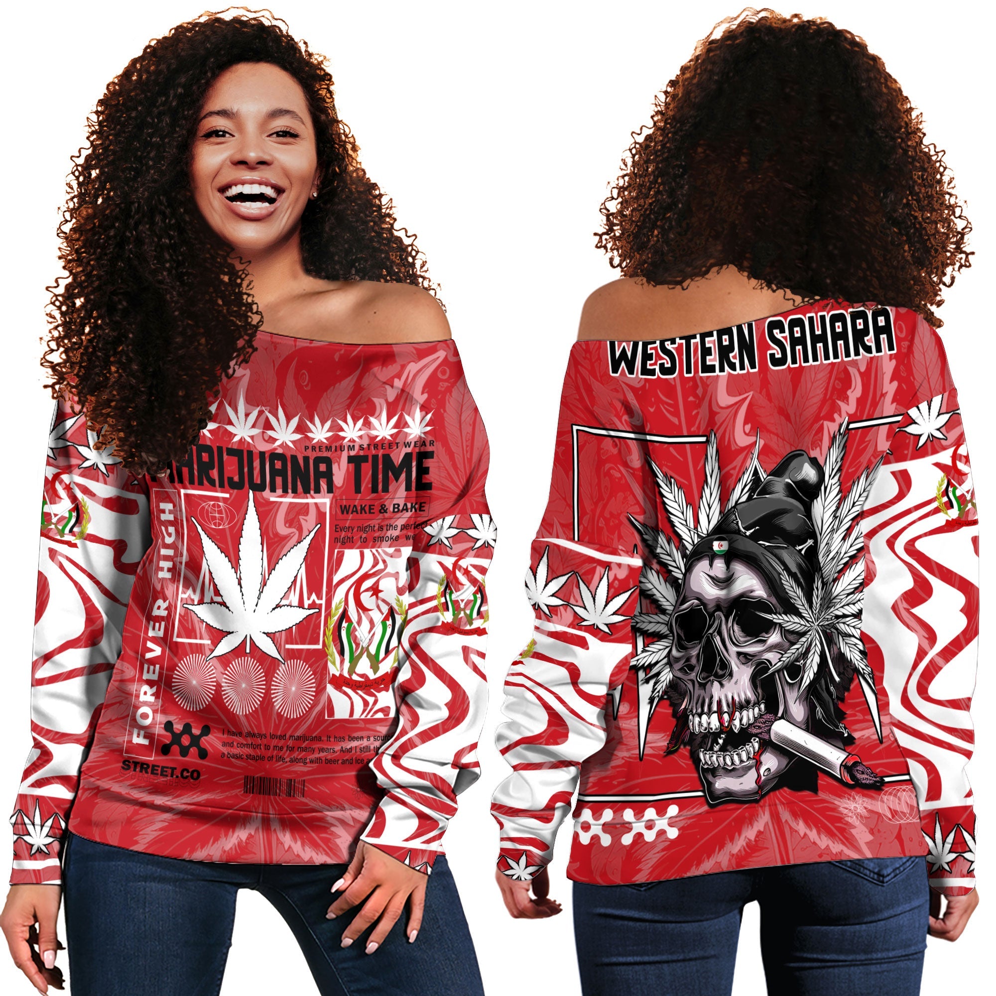 Western Sahara Women Off Shoulder Sweatshirt Flag & Coat Of Arms Marijuanas Style