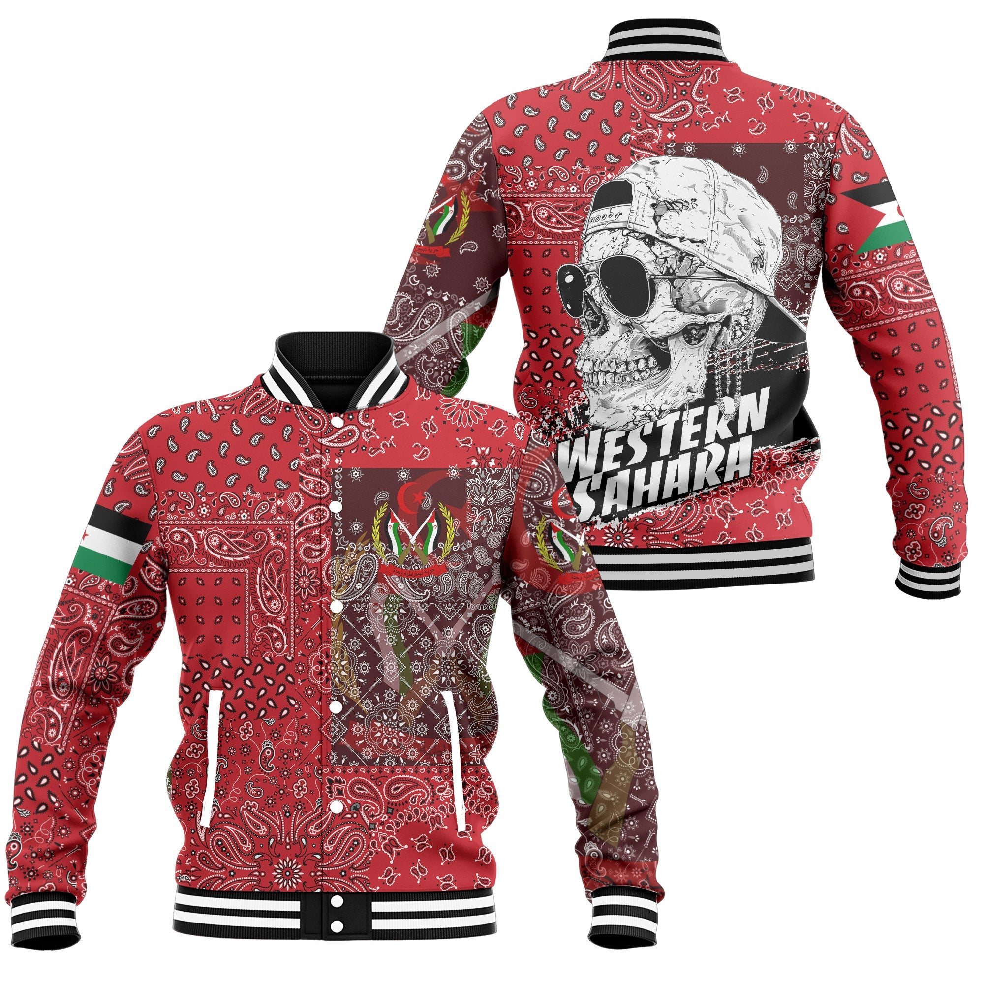 Western Sahara Baseball Jacket Paisley Flag And Skull Style 1