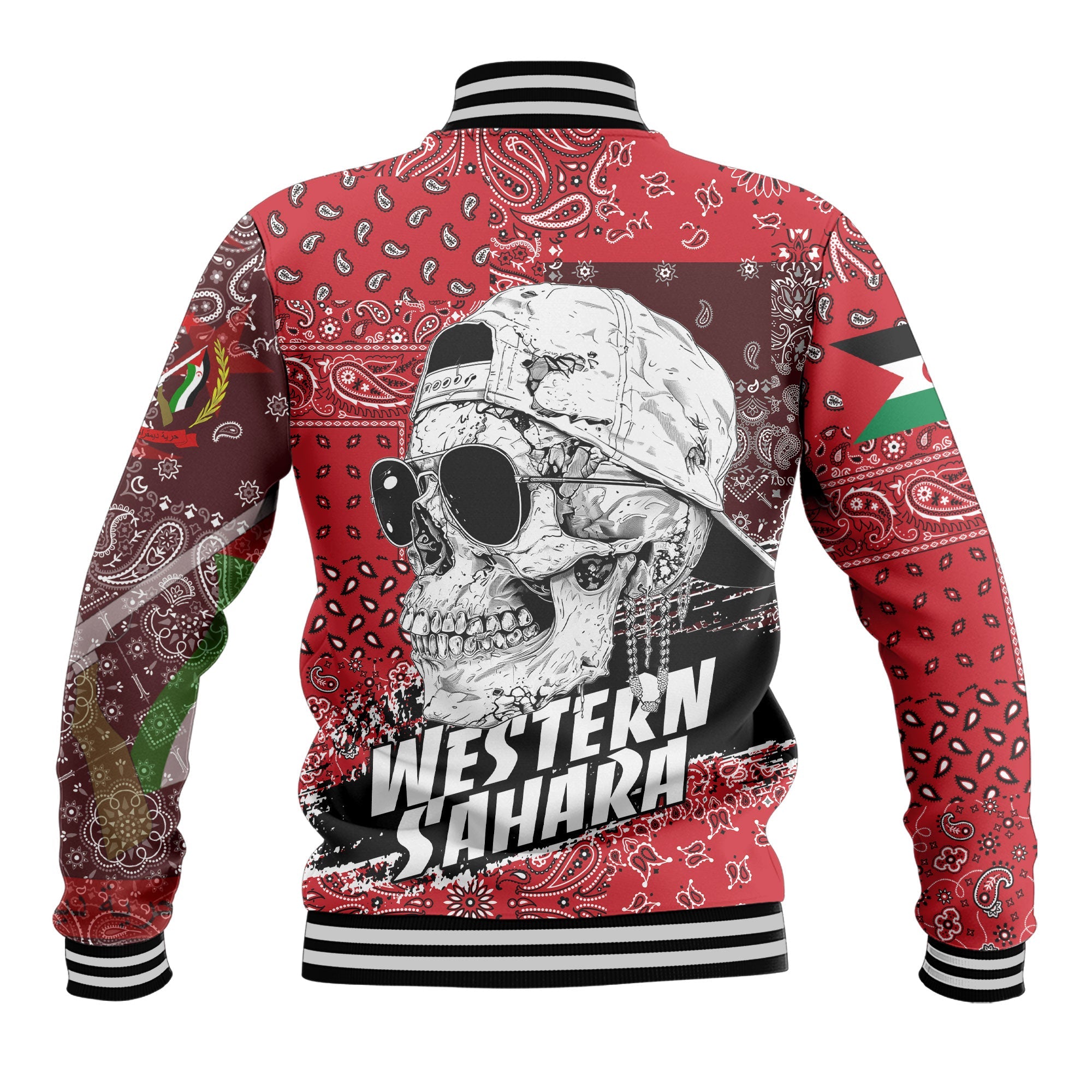 Western Sahara Baseball Jacket Paisley Flag And Skull Style 3